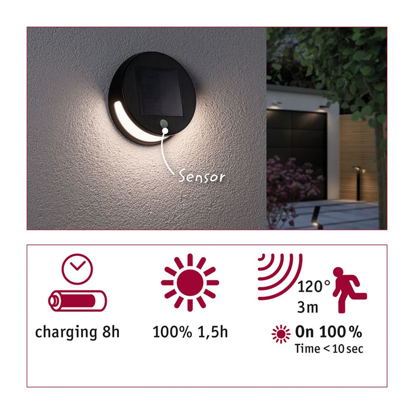 LED solcelle utevegglampe Helena med bevegelsessensor og varmt hvitt lys