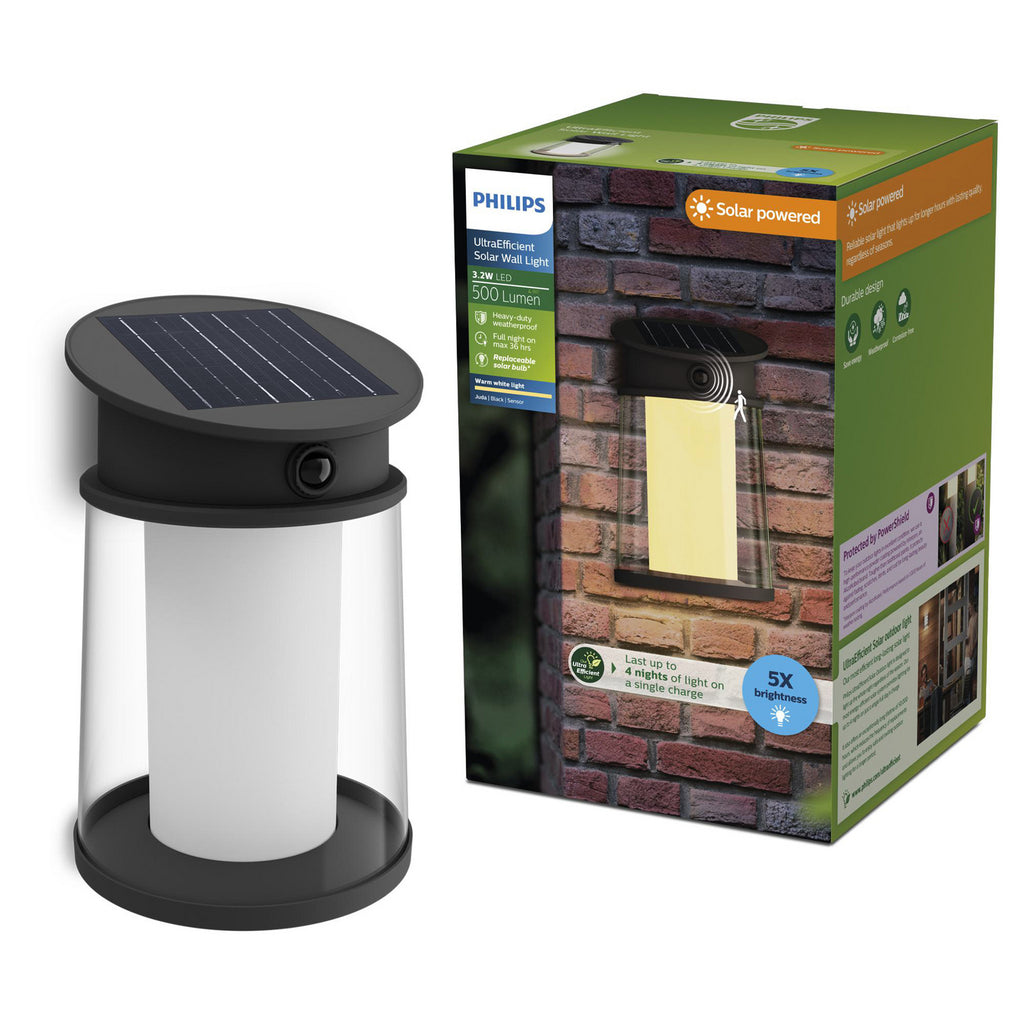 LED solcelle-utevegglampe Juda med bevegelsessensor IP44 fra Philips lys i mørket