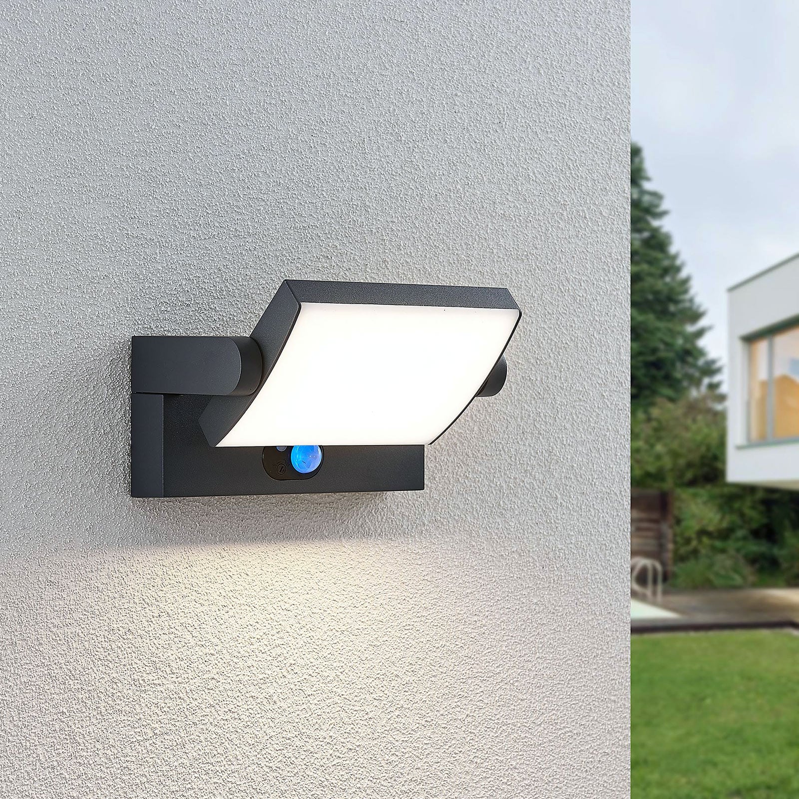 LED solcelle utevegglampe Sherin detalj av bevegelsessensor og leuchtkopf