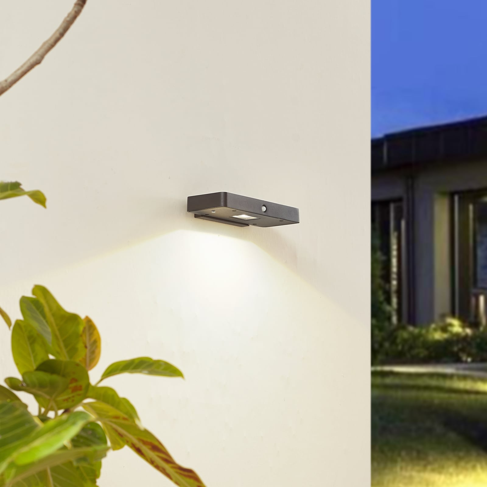 LED solcelle utevegglampe Tavon med sensor svart dimbar IP54 bakside