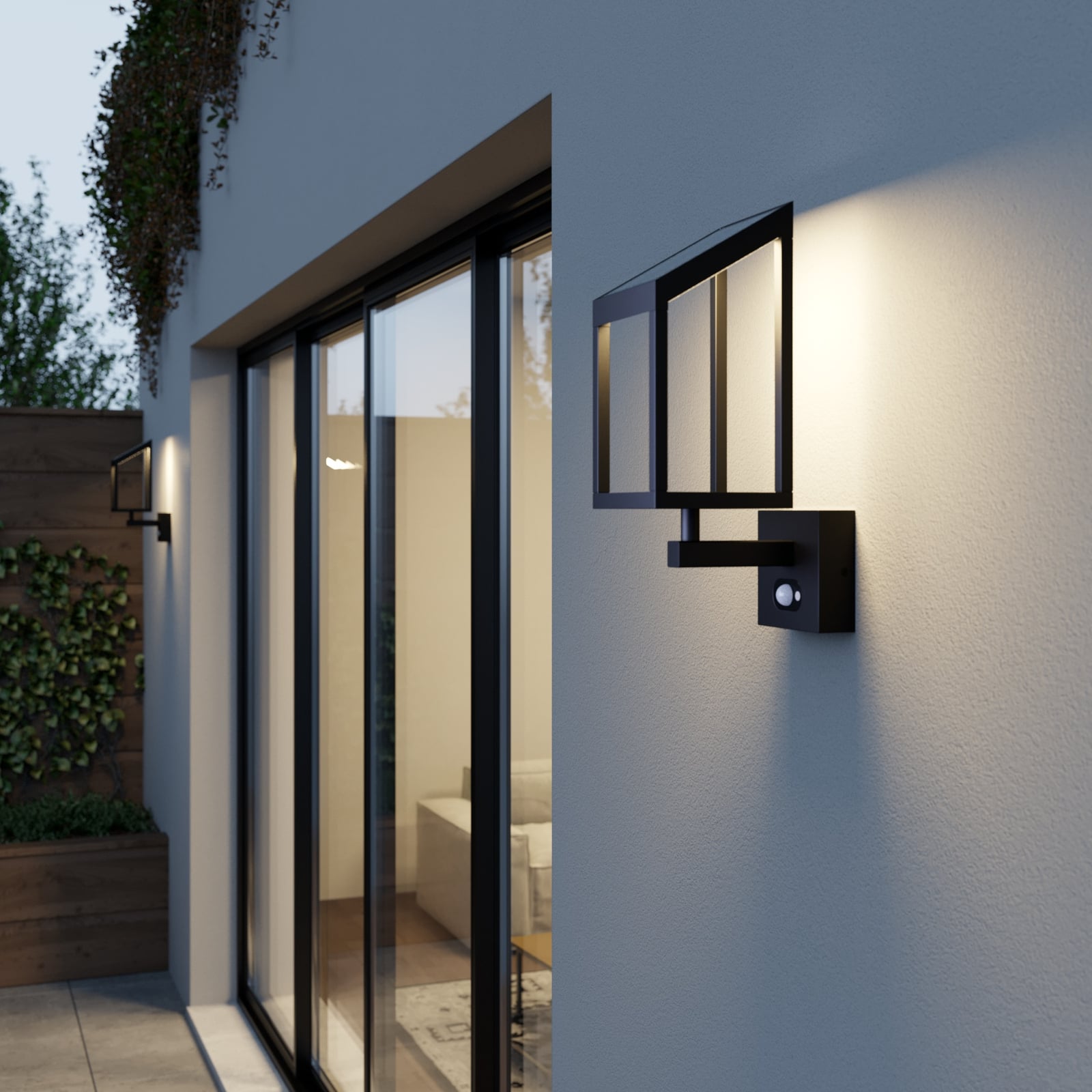 Bakside av LED solcelle utevegglampe Timeo med bevegelsessensor