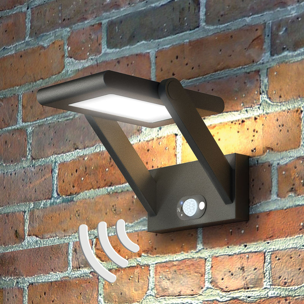 LED solcelle utevegglampe Valerian med bevegelsessensor IP54 montert på vegg