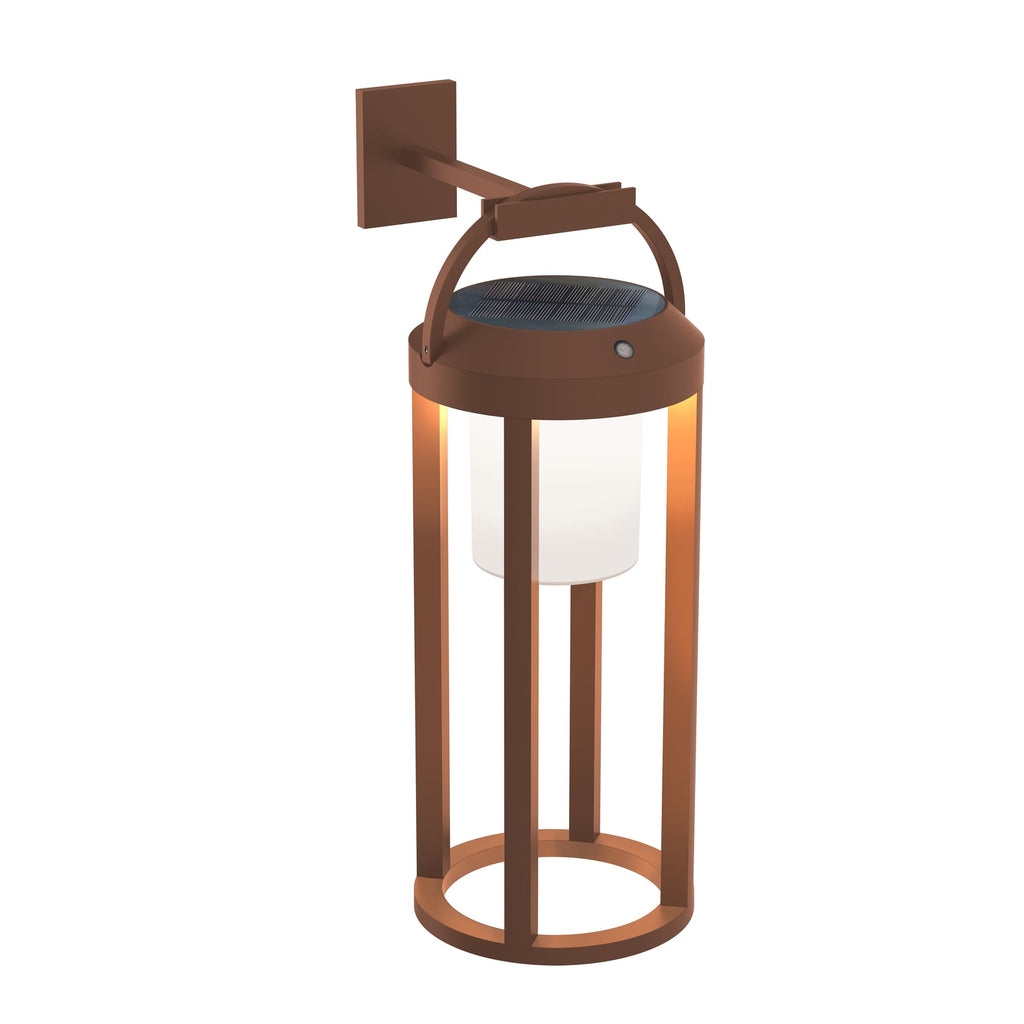 LED solcelle-vegglampe Tilena rund dimbar rustfarget IP54 montert på vegg