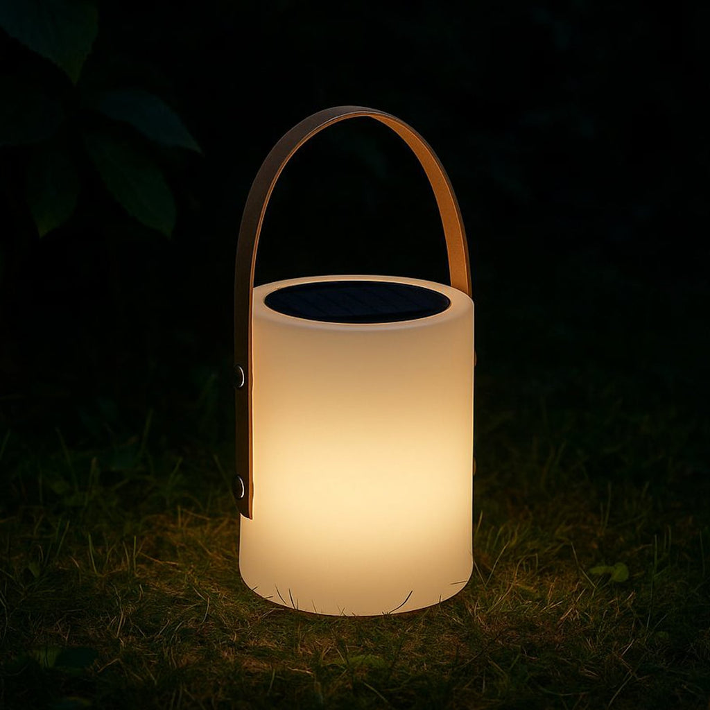 LED solcellebordlampe Bari RGB dimbar IP44 hvit montert på bord