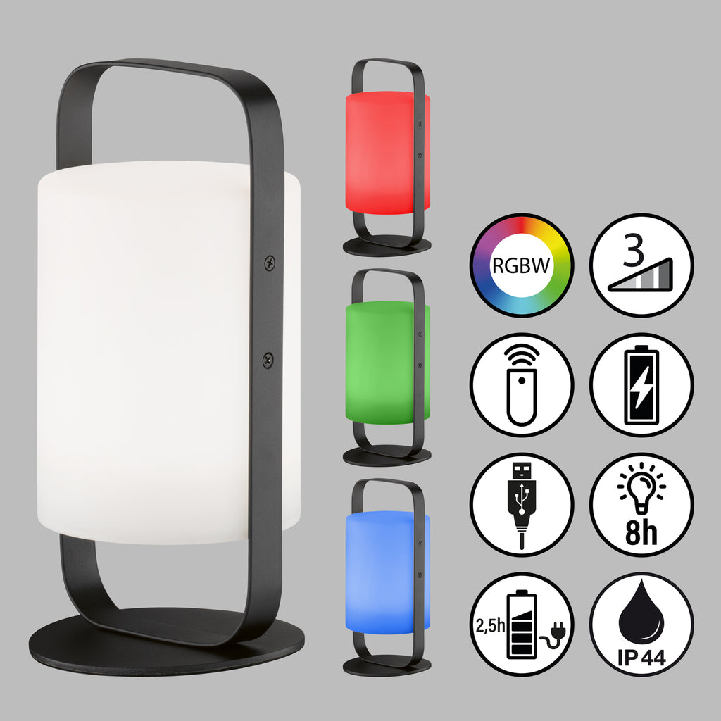 LED solcellebordlampe Casoli dimbar RGB IP44 Ø12 cm med fjernkontroll