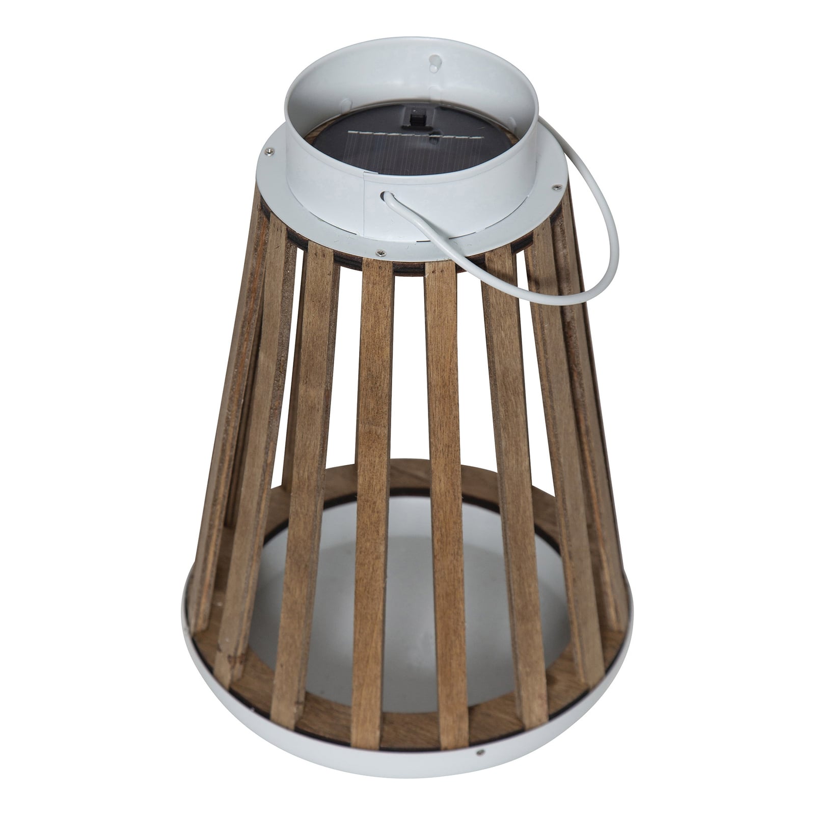 LED solcellebordlampe Catania bjørketre Ø19 cm IP44 nærbilde av LED-lys
