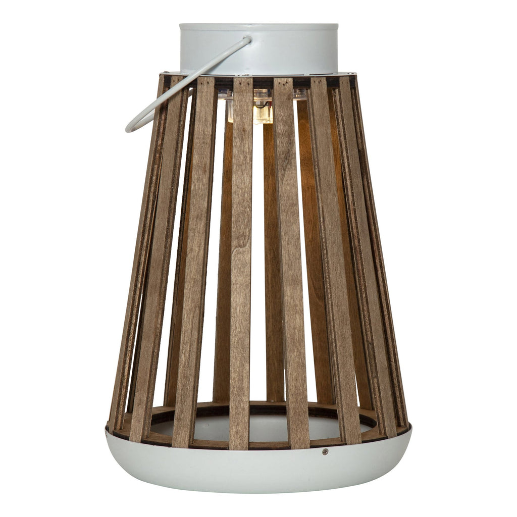 LED solcellebordlampe Catania bjørketre Ø19 cm IP44 sideprofil