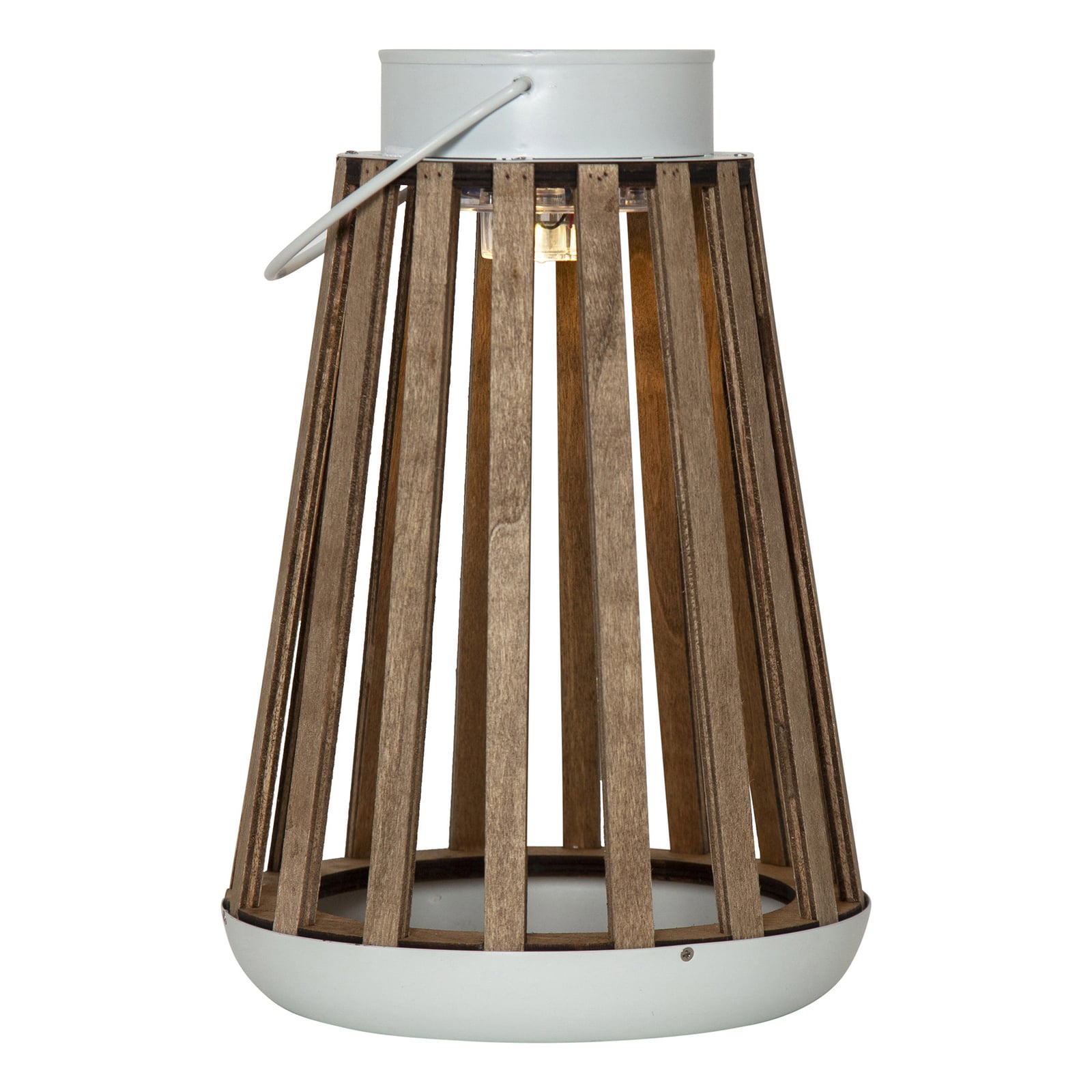 LED solcellebordlampe Catania bjørketre Ø19 cm IP44 sideprofil
