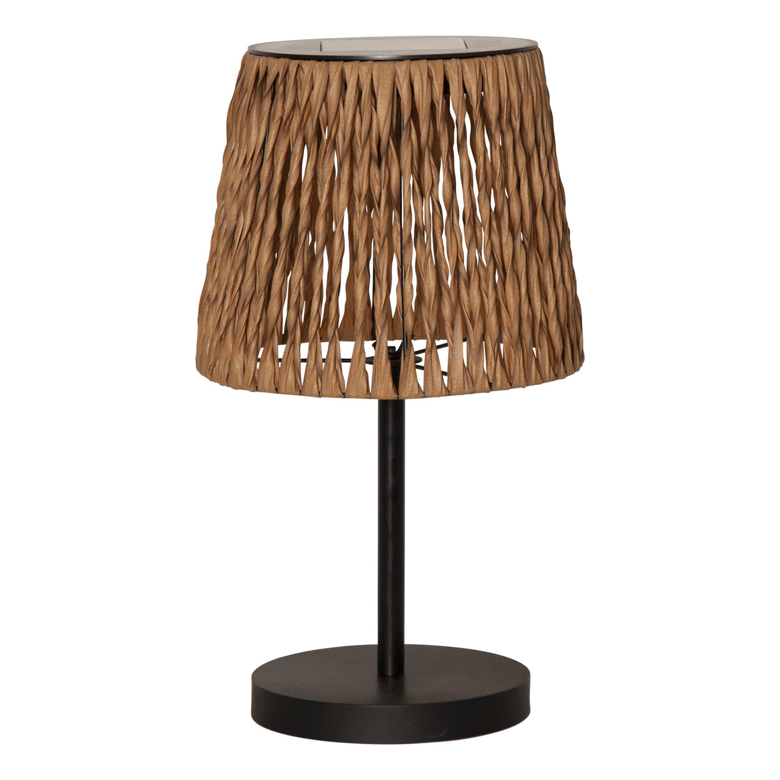 Montert LED solcellebordlampe Cesta rattanlook brun/svart på terrasse