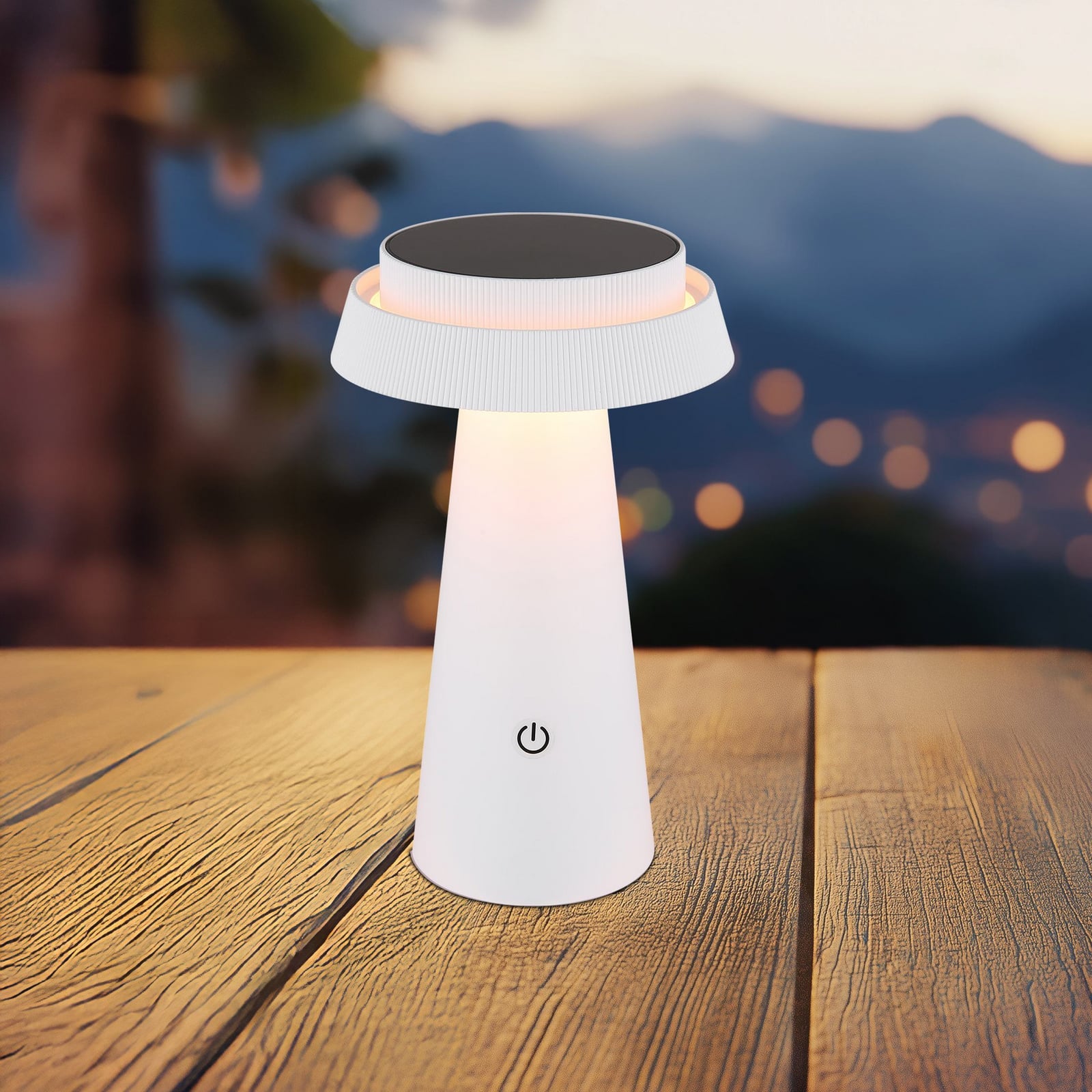 LED solcellebordlampe dimbar hvit CCT Ø14 cm Globo forfra
