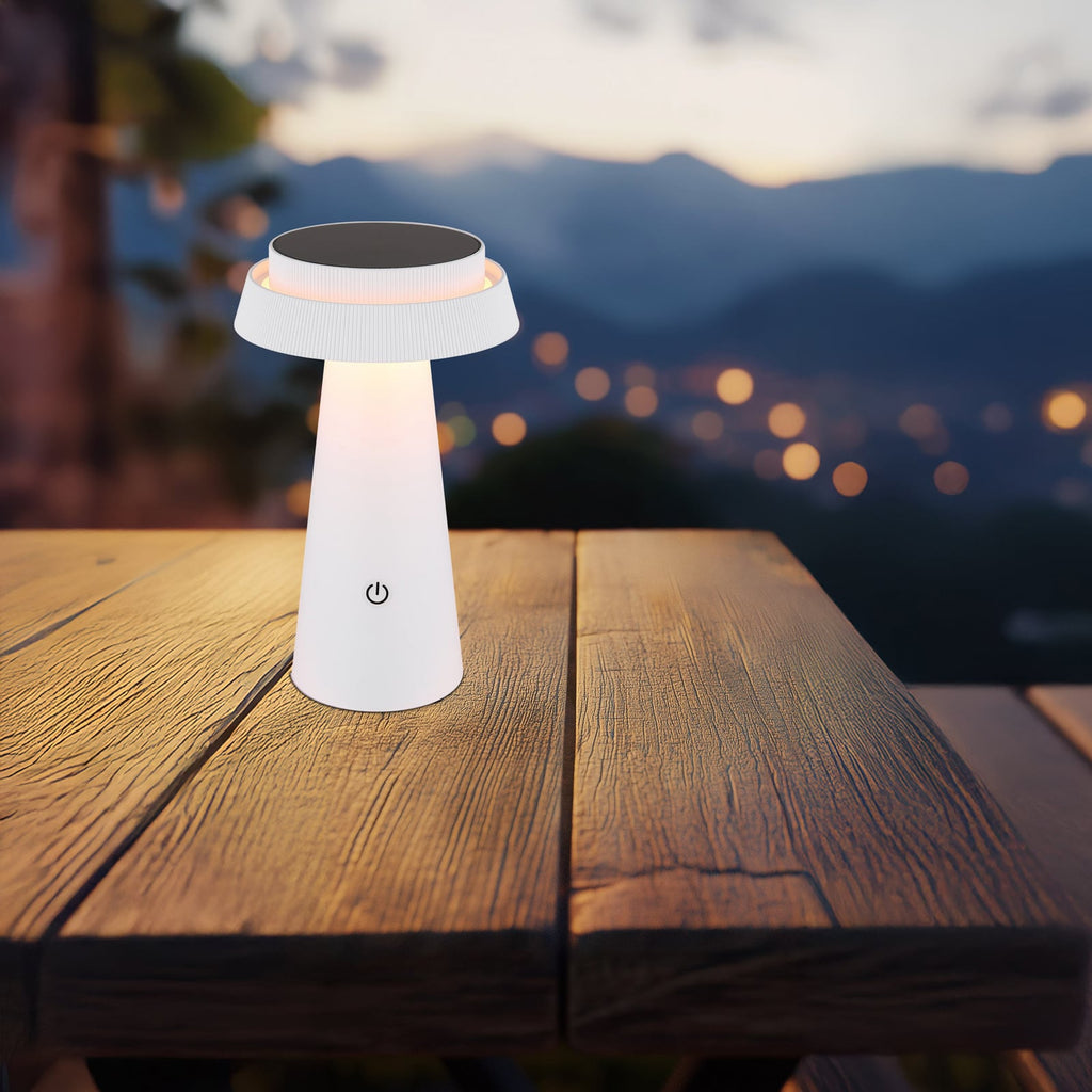 LED solcellebordlampe dimbar hvit CCT Ø14 cm Globo bakside