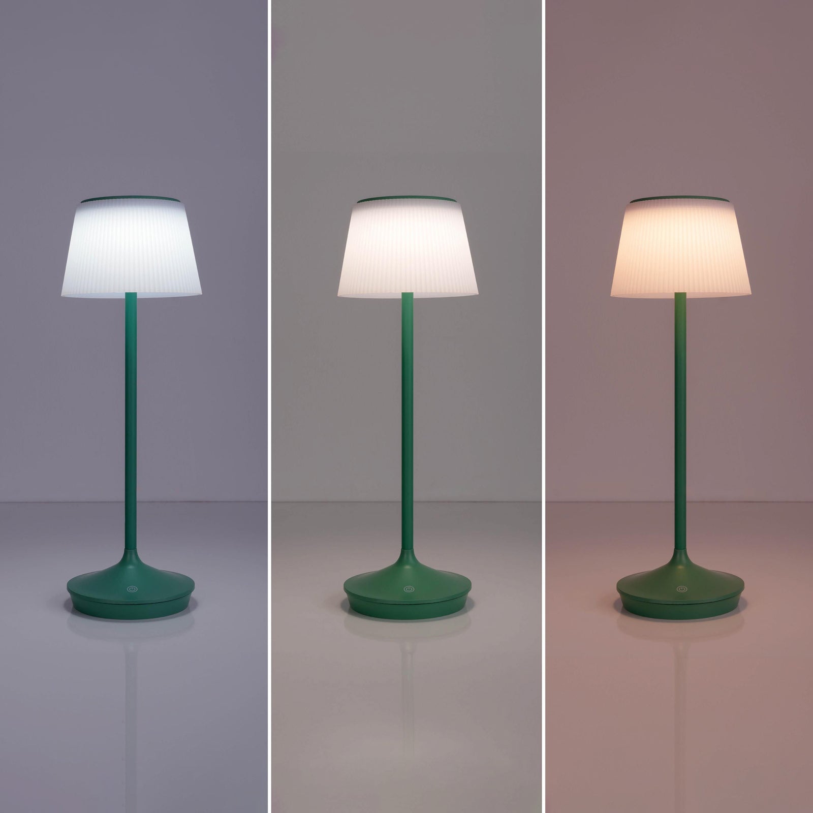 LED solcellebordlampe Emmi CCT dimbar grønn IP44 lysmodus