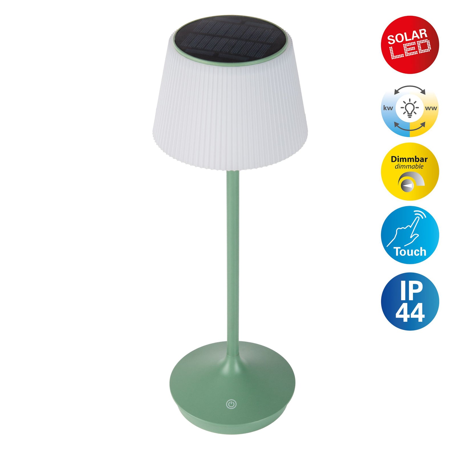 LED solcellebordlampe Emmi CCT dimbar grønn IP44 ved siden av blomster