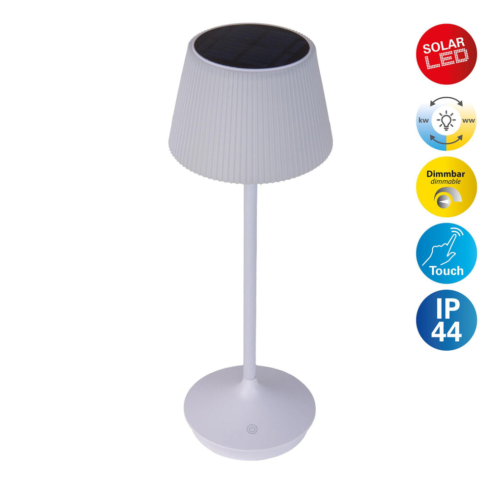 LED solcellebordlampe Emmi CCT dimbar hvit IP44 lys i mørket