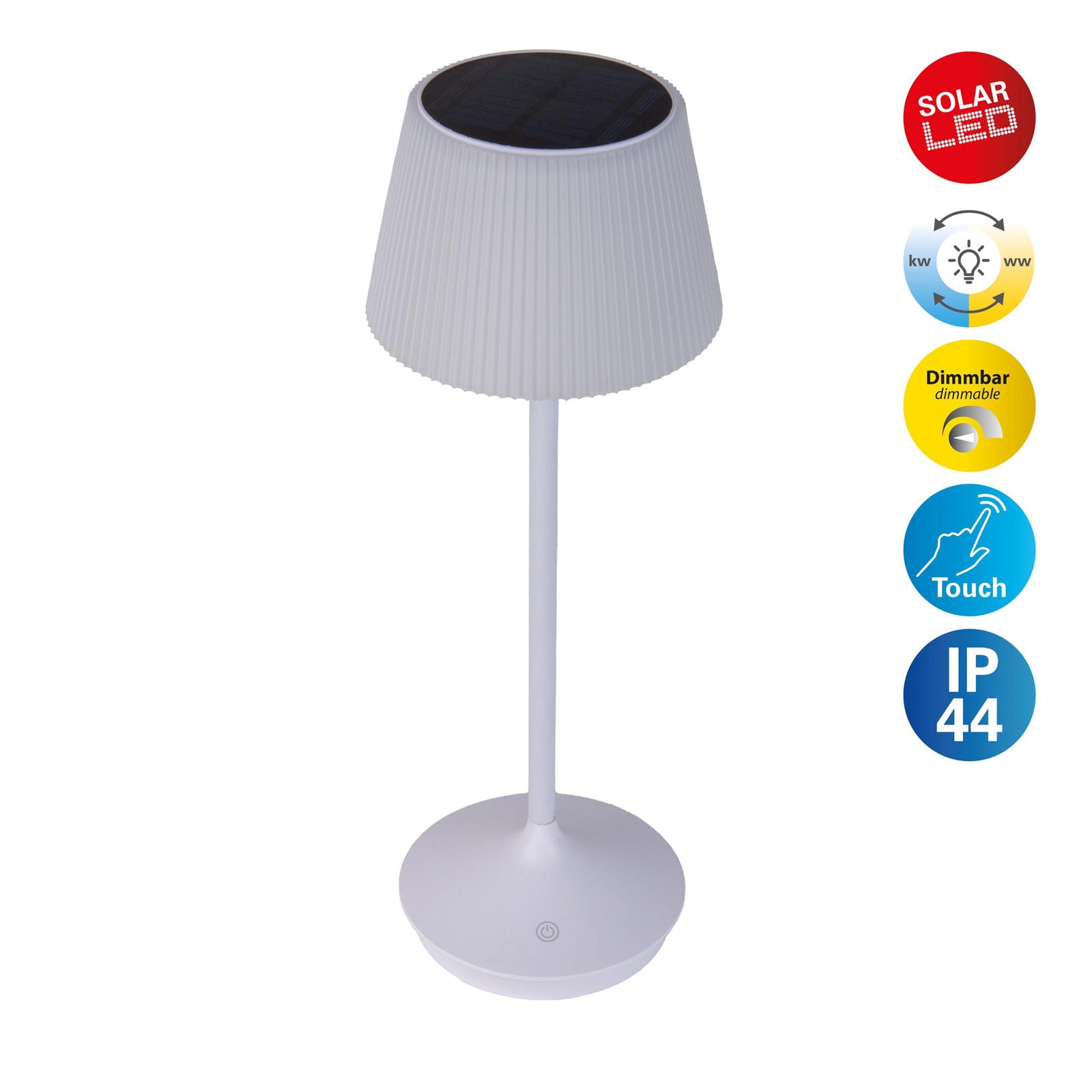LED solcellebordlampe Emmi CCT dimbar hvit IP44 lys i mørket