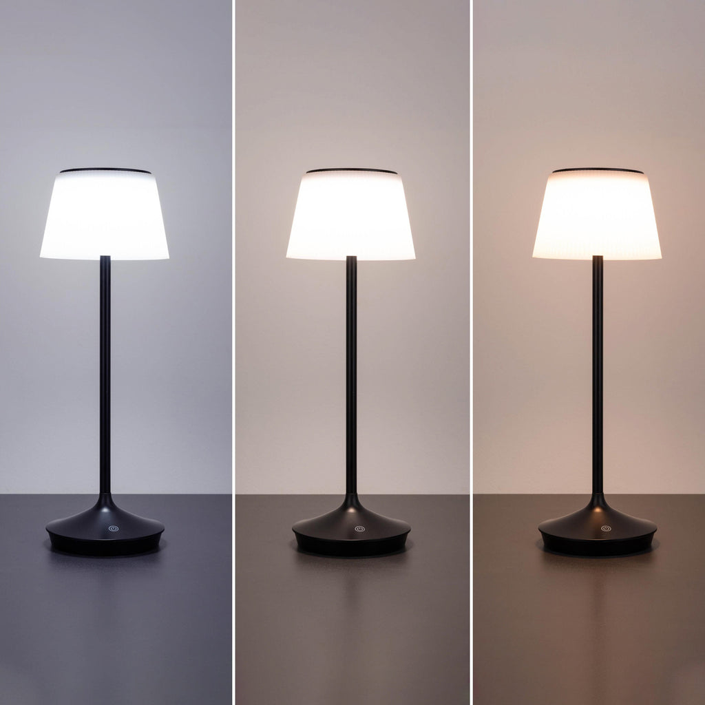 Sideprofil av LED solcellebordlampe Emmi CCT dimbar svart 38 cm
