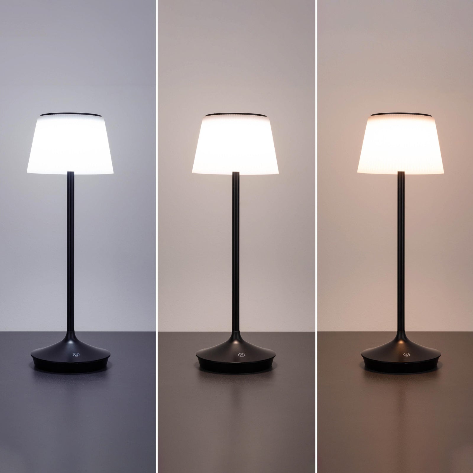 Sideprofil av LED solcellebordlampe Emmi CCT dimbar svart 38 cm