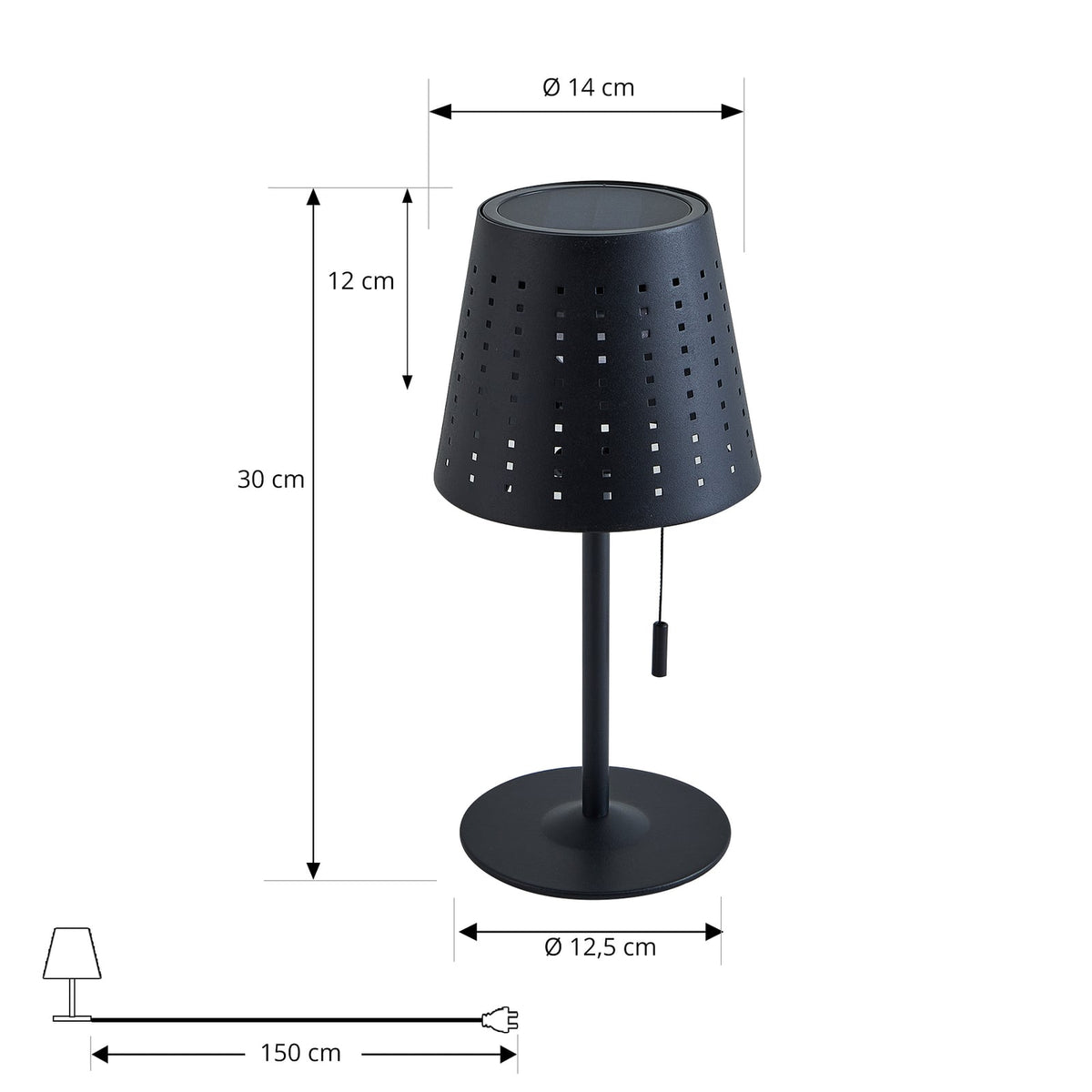 LED solcellebordlampe Hilario dimbar svart jern USB-kabel