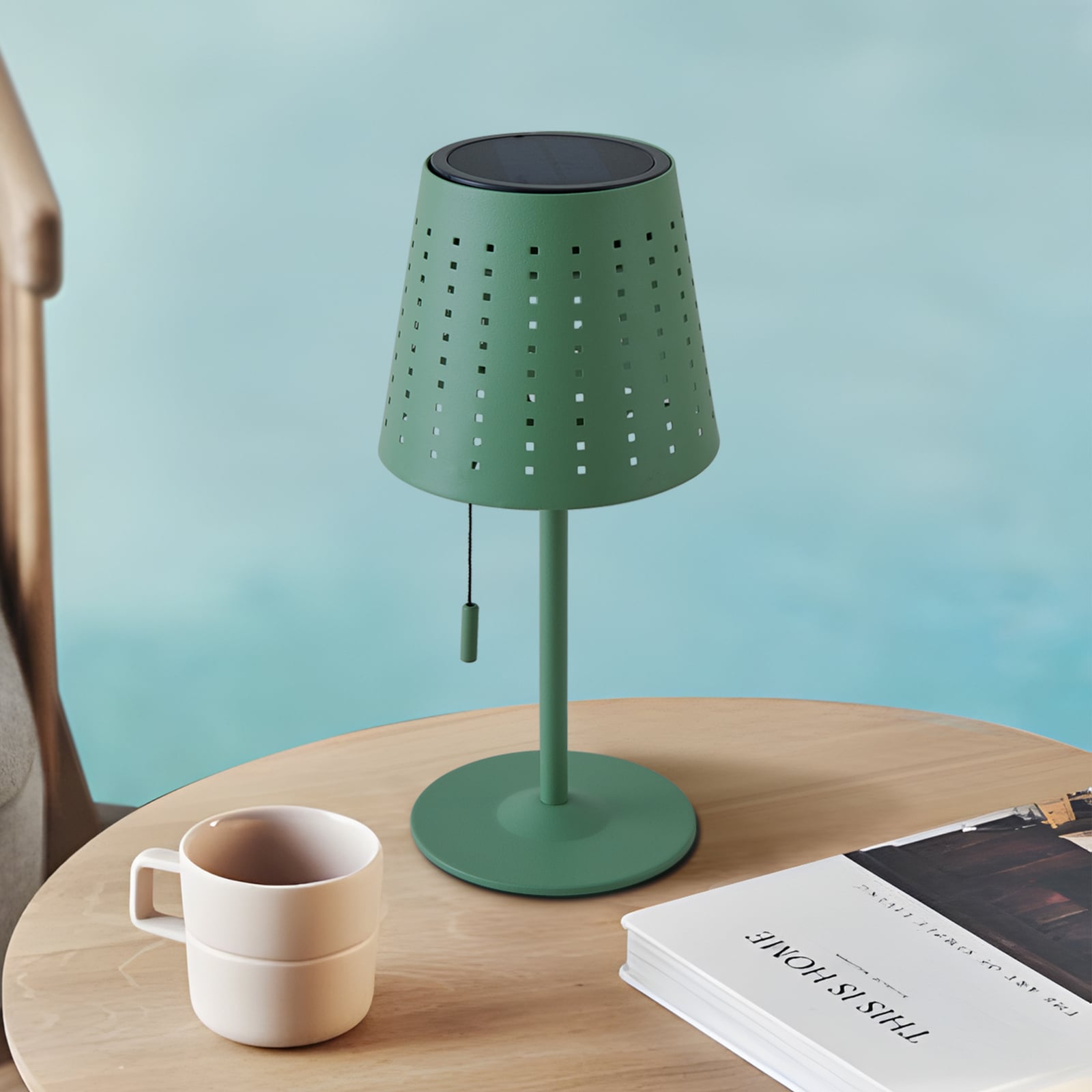 LED solcellebordlampe Hilario mintgrønn jern bakside