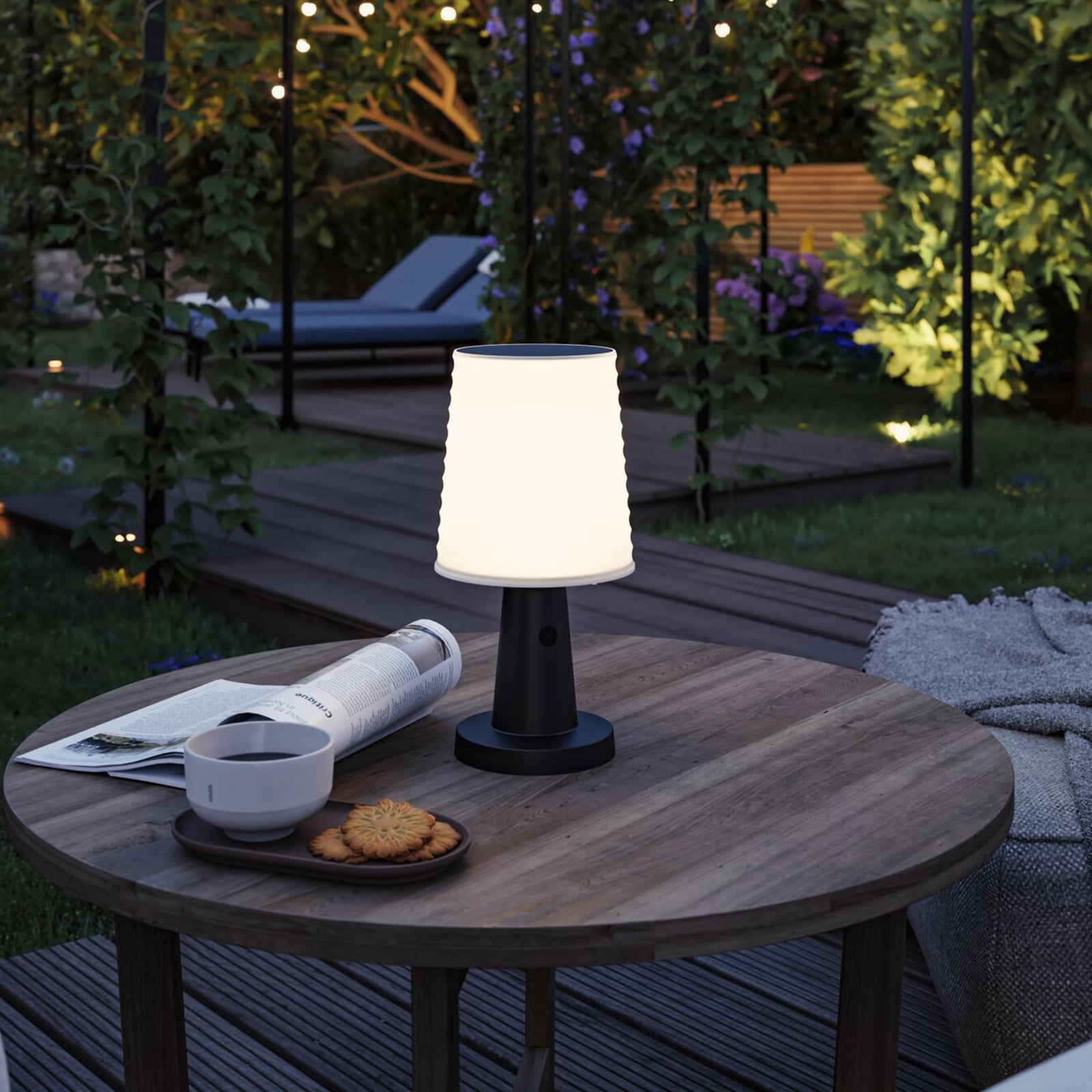 LED solcellebordlampe Ilanga dimbar antrasitt 30 cm IP44 bakside