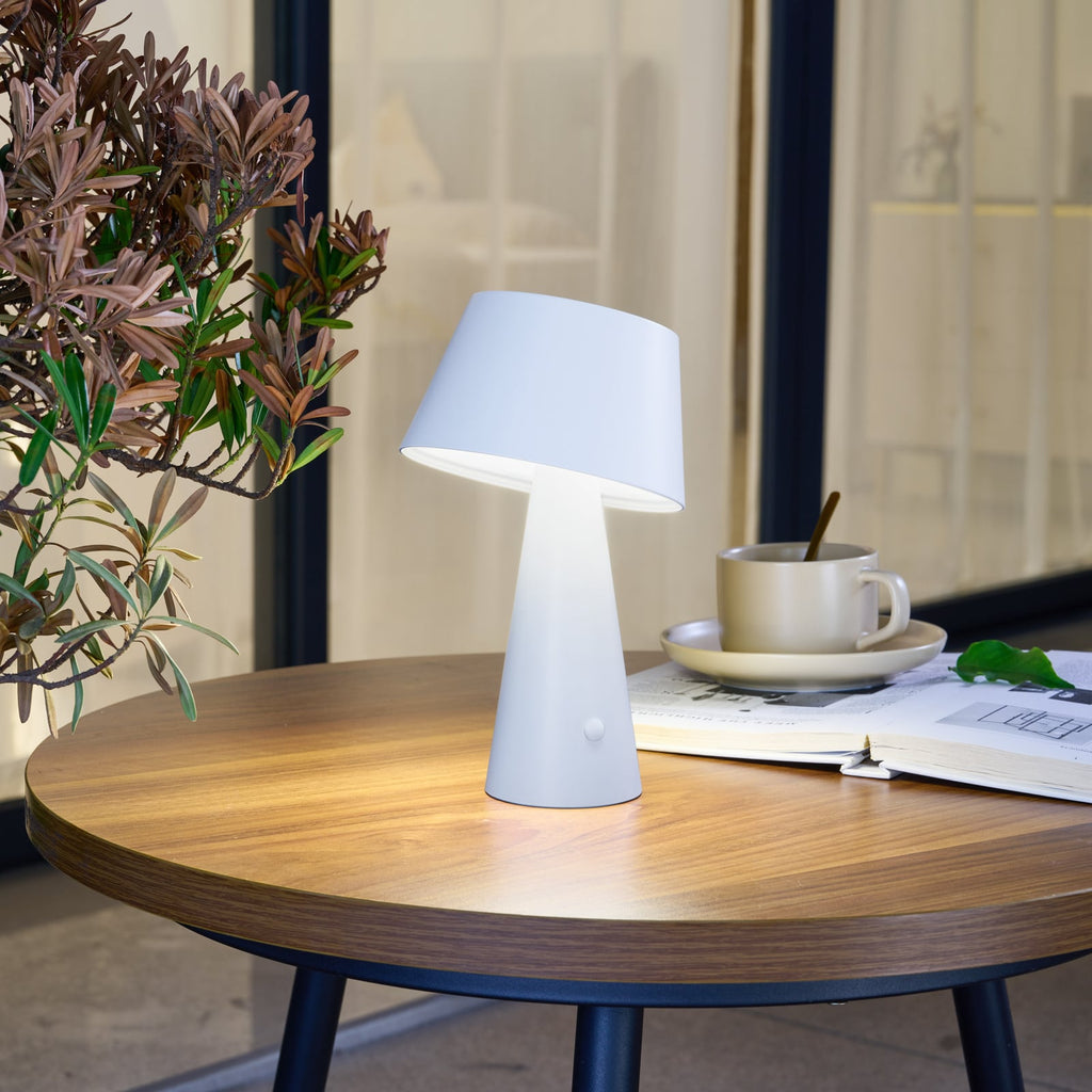 LED solcellebordlampe Lirinor dimbar hvit Ø13 cm IP44 forfra