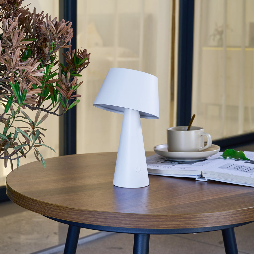 LED solcellebordlampe Lirinor dimbar hvit Ø13 cm IP44 bakside