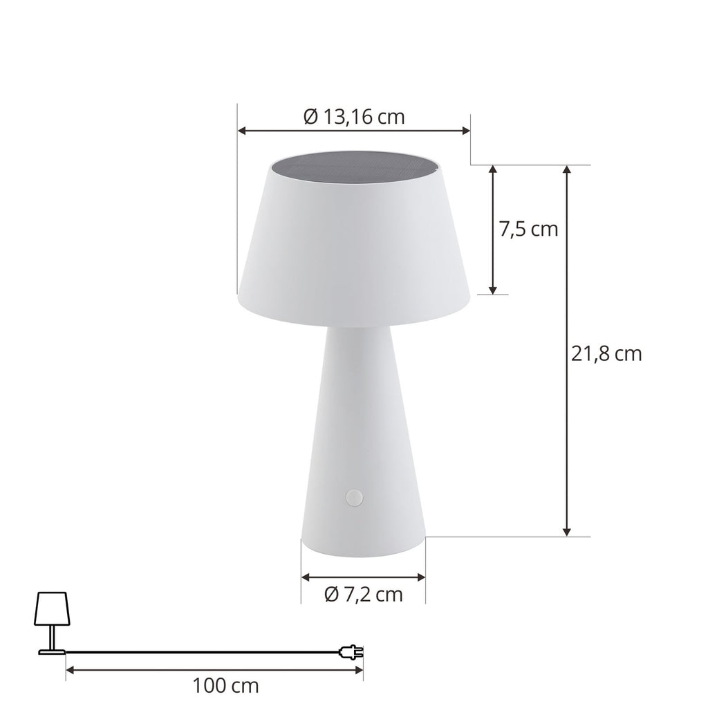 LED solcellebordlampe Lirinor dimbar hvit Ø13 cm IP44 lades via solarpanel