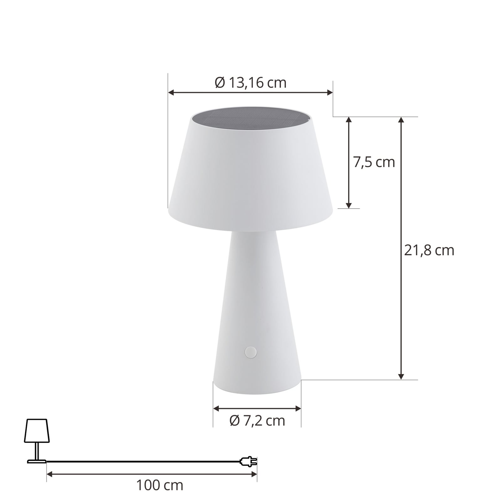 LED solcellebordlampe Lirinor dimbar hvit Ø13 cm IP44 lades via solarpanel