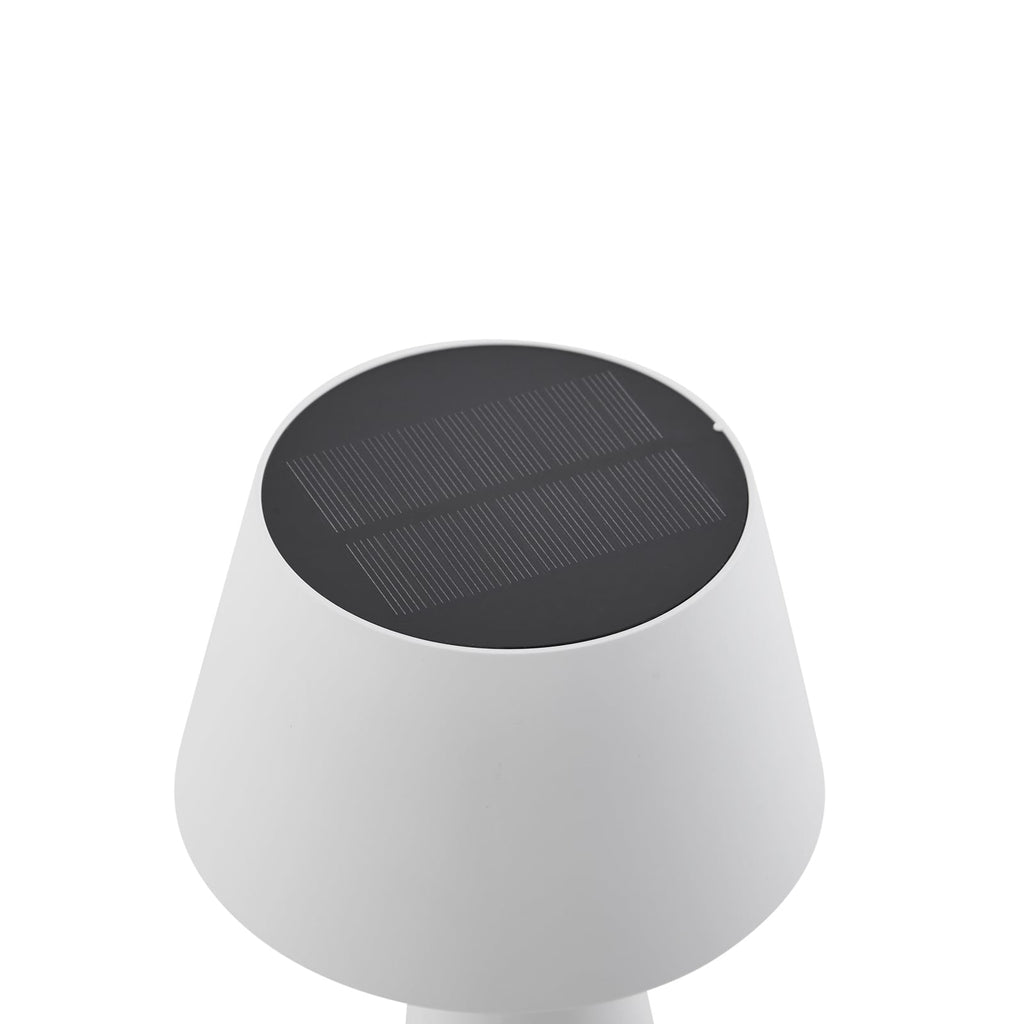 LED solcellebordlampe Lirinor dimbar hvit Ø13 cm IP44 med USB-ladekabel