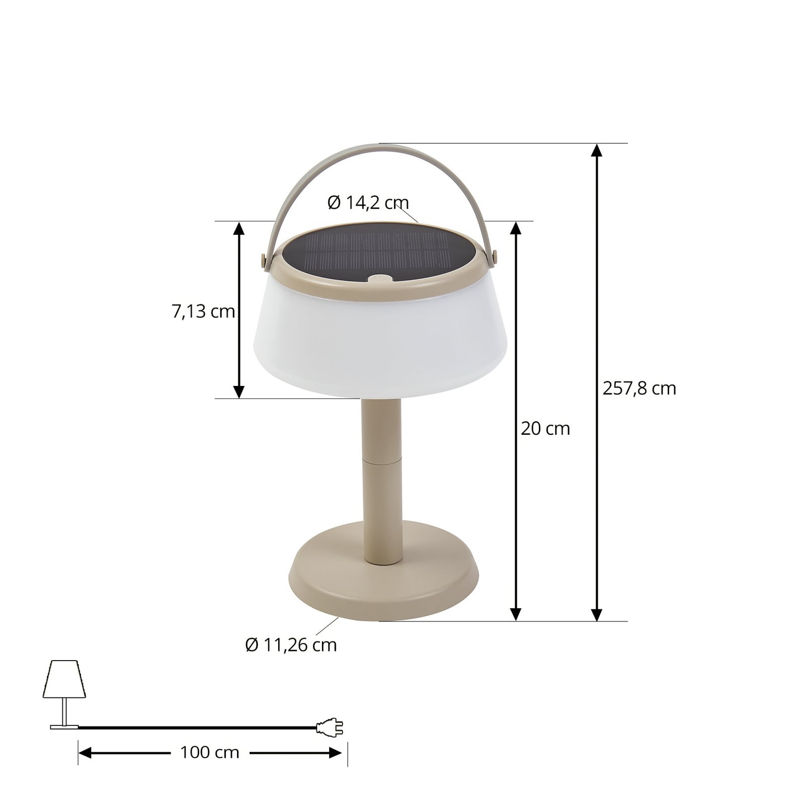 LED solcellebordlampe Mikkel beige dimbar IP44 nærbilde touchdimmer