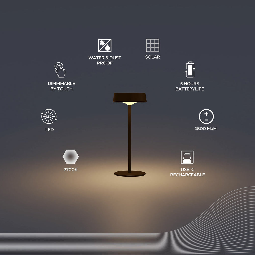 LED solcellebordlampe Parma dimbar svart IP54 2W nærbilde av touch-dimmer