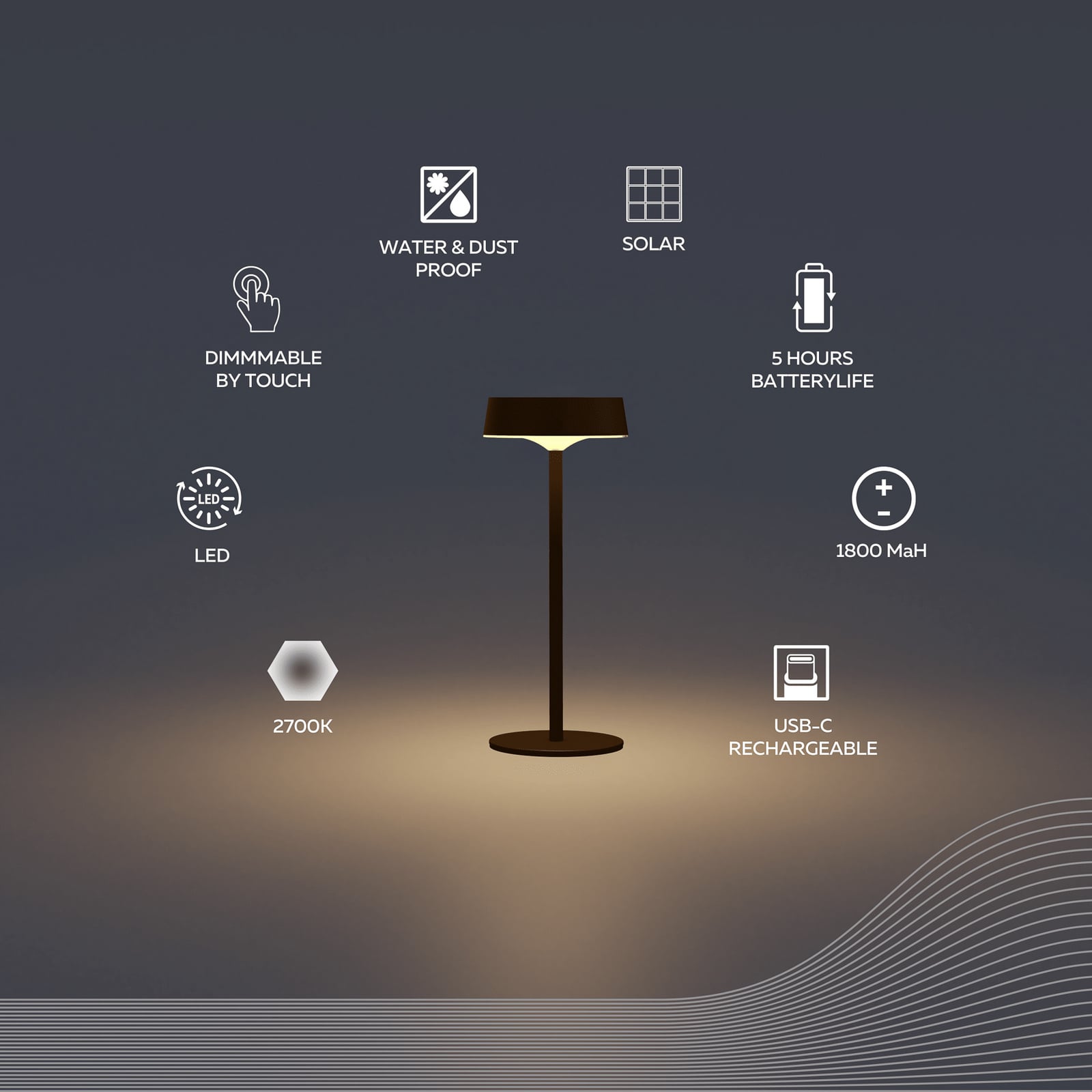 LED solcellebordlampe Parma dimbar svart IP54 2W nærbilde av touch-dimmer