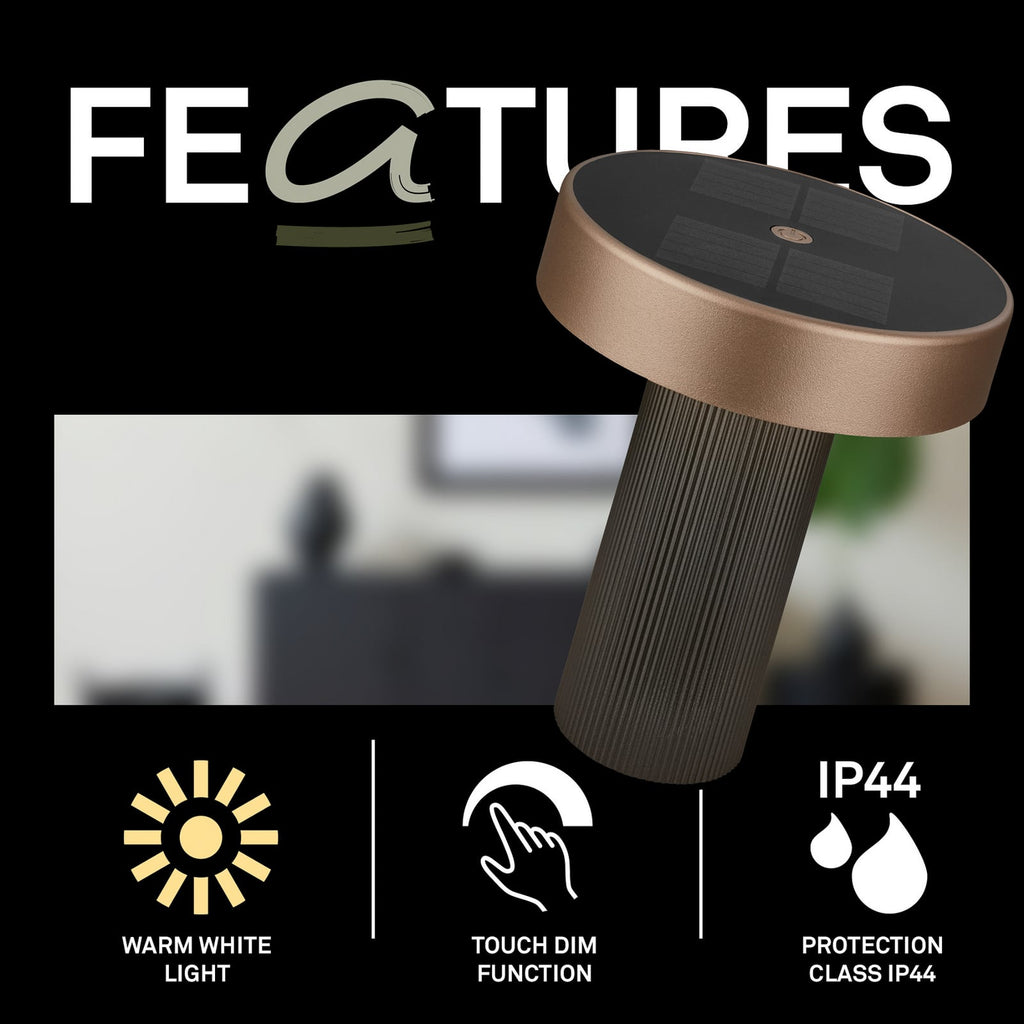 LED solcellebordlampe Poga dimbar antrasitt/bronse IP44 lyser opp hagebord
