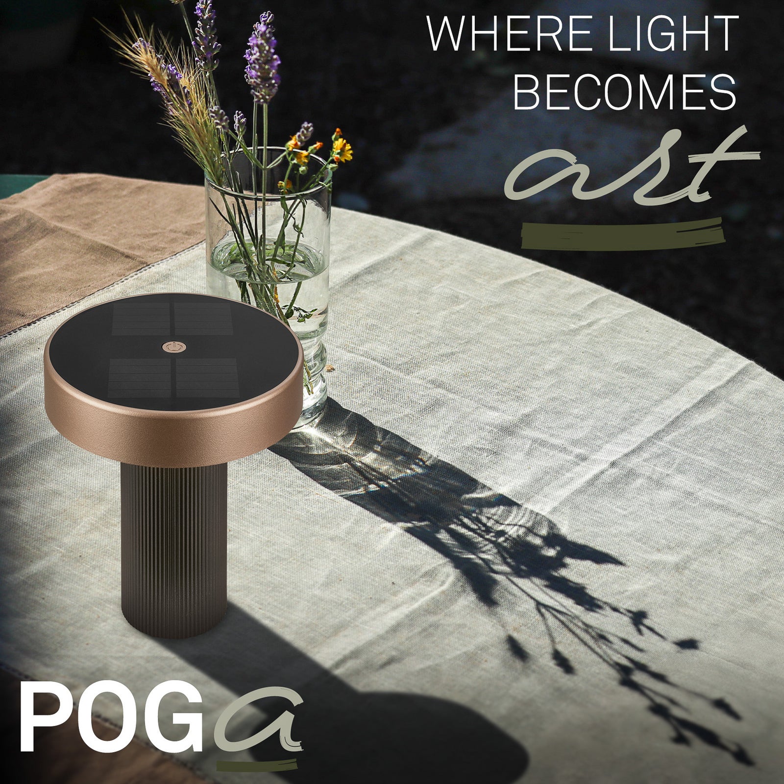 LED solcellebordlampe Poga dimbar antrasitt/bronse IP44 med solcellepanel