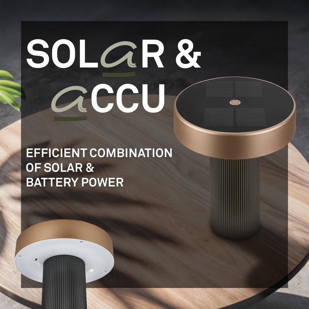 LED solcellebordlampe Poga dimbar antrasitt/bronse IP44 pakket med tilbehør