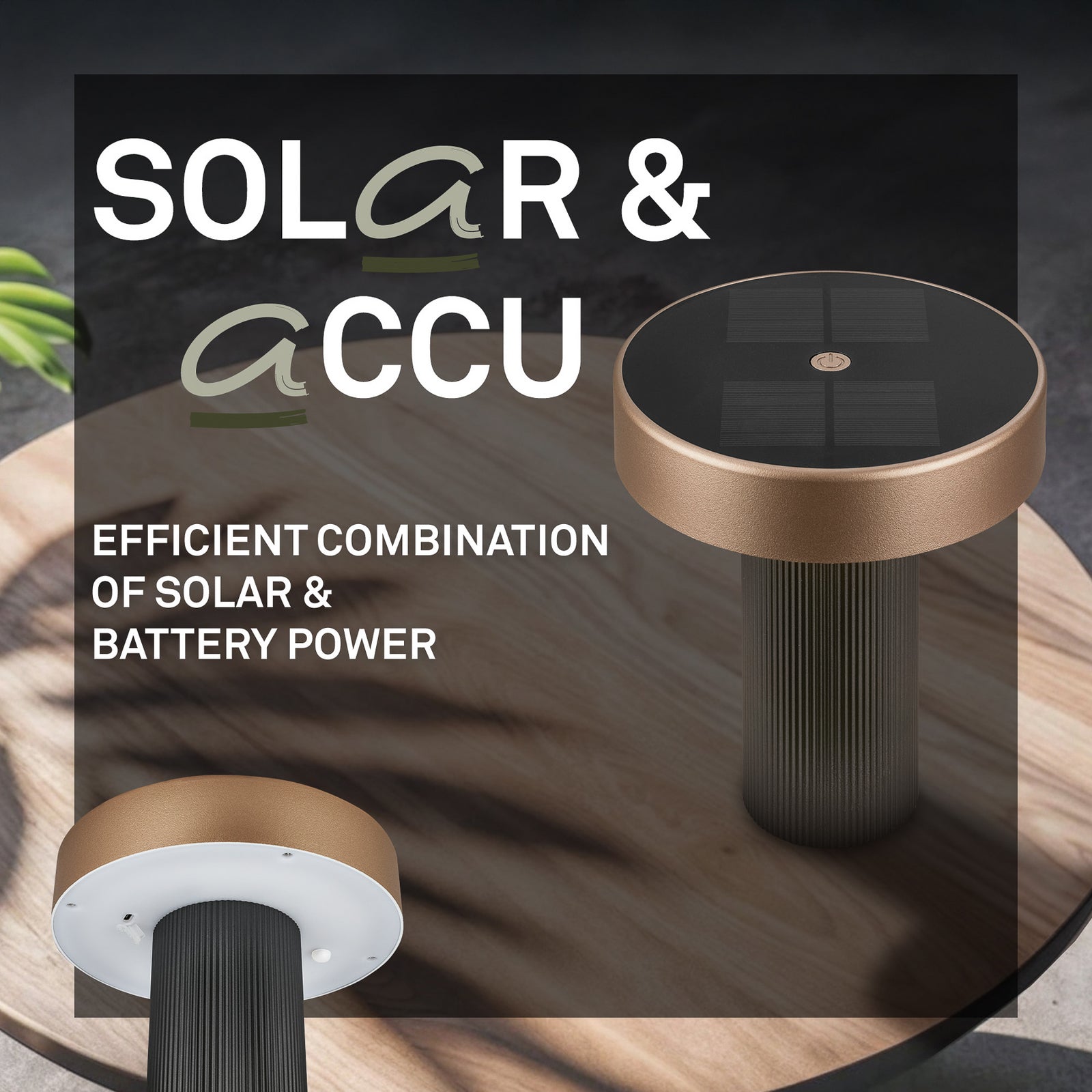 LED solcellebordlampe Poga dimbar antrasitt/bronse IP44 pakket med tilbehør