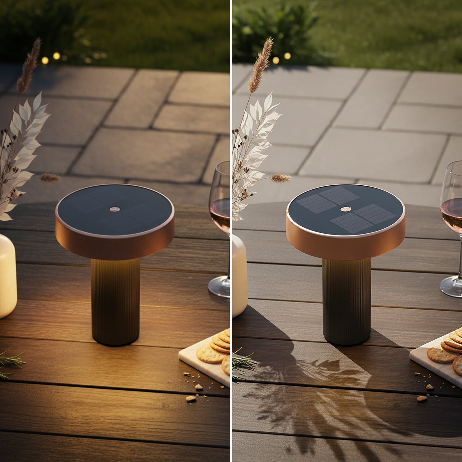 LED solcellebordlampe Poga dimbar antrasitt/bronse IP44 med USB-C ladekabel