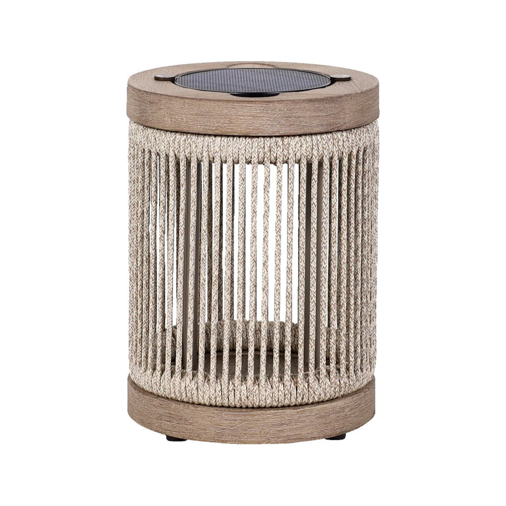 LED solcellebordlampe Rop&Strip teak dimbar IP66 Ø25 cm forfra