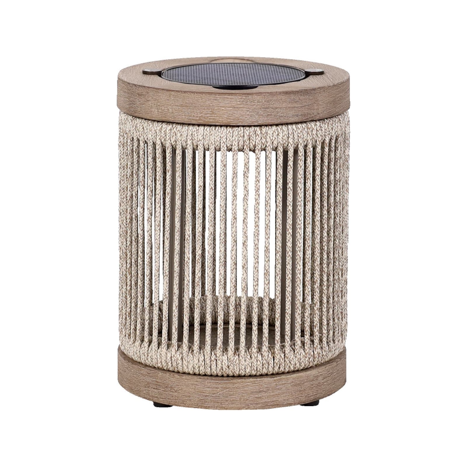 LED solcellebordlampe Rop&Strip teak dimbar IP66 Ø25 cm forfra