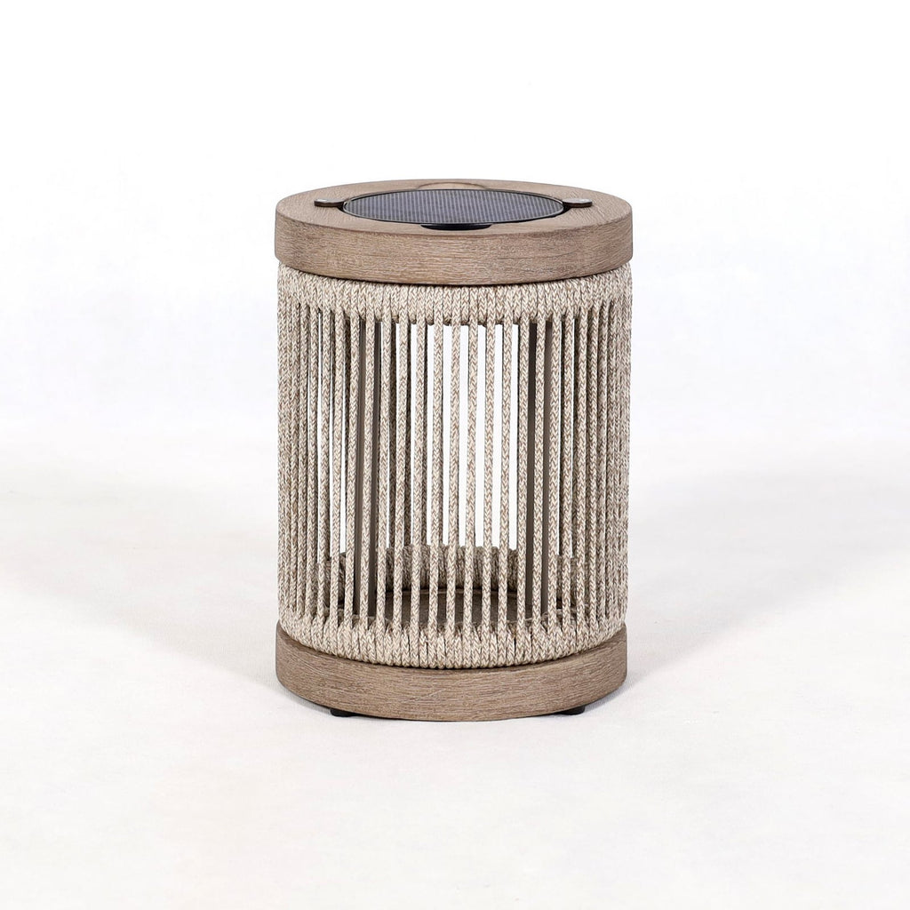 LED solcellebordlampe Rop&Strip teak dimbar IP66 Ø25 cm bakside