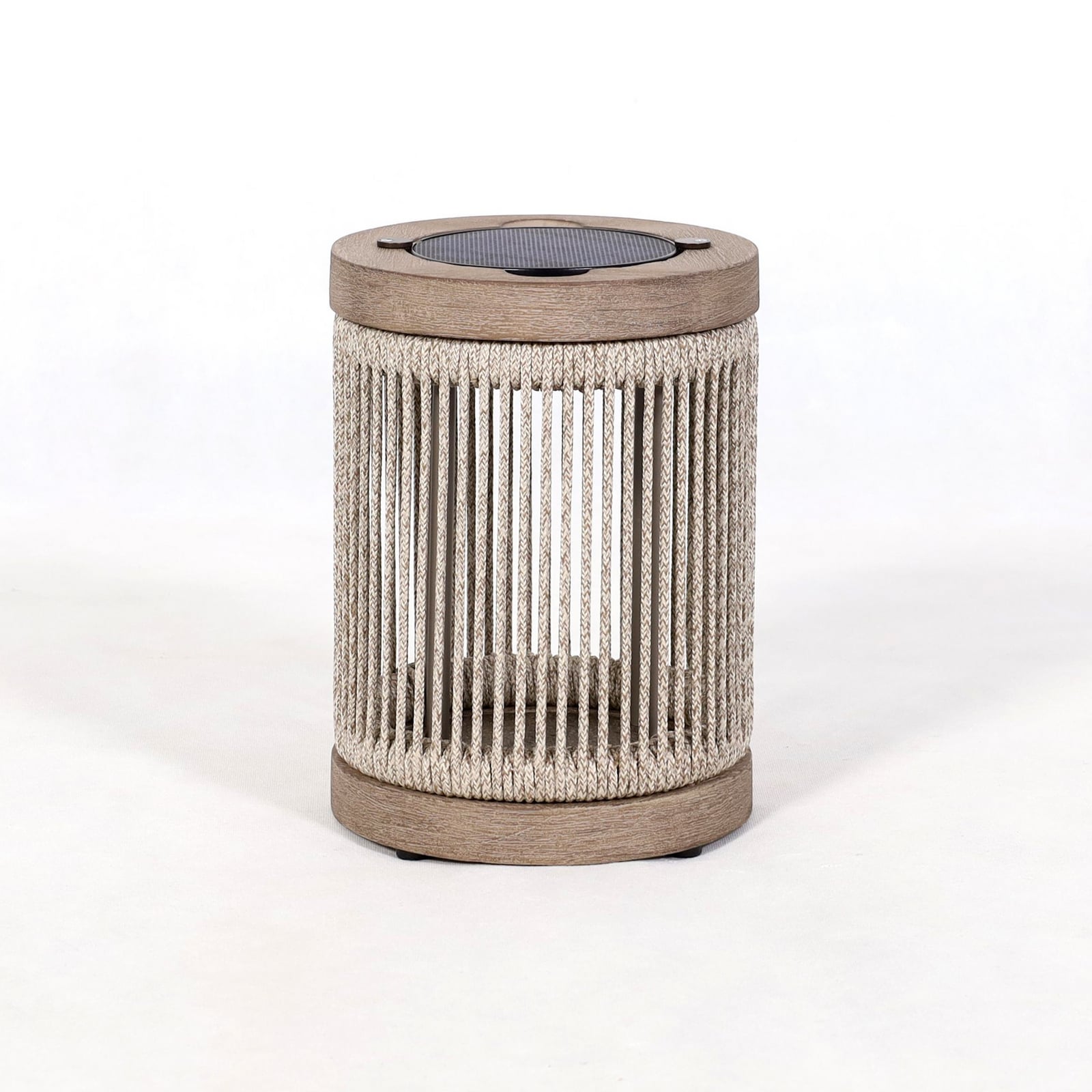 LED solcellebordlampe Rop&Strip teak dimbar IP66 Ø25 cm bakside