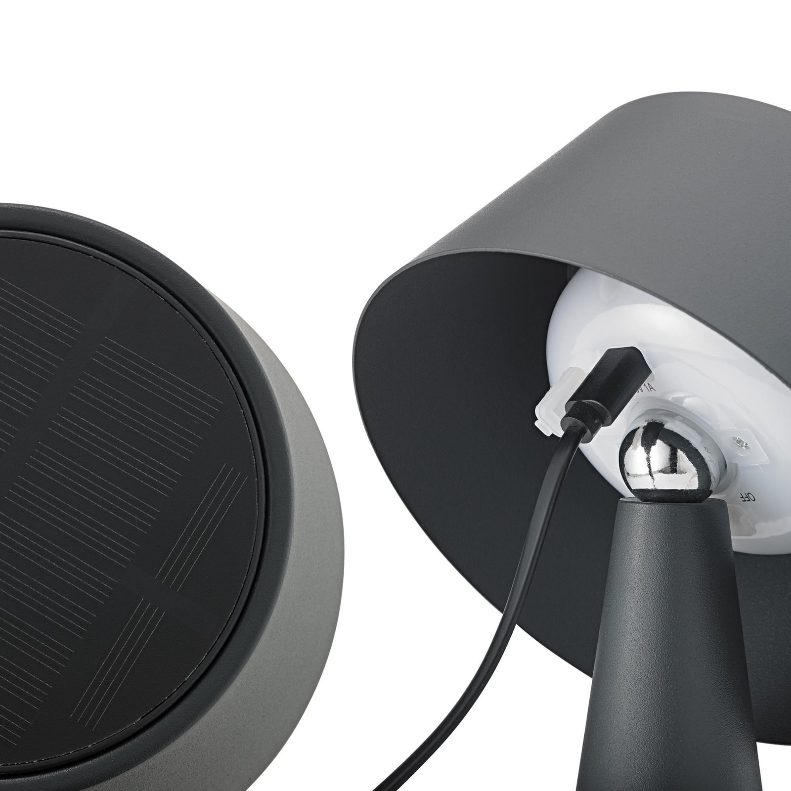 LED solcellebordlampe Solino dimbar grafitt IP44 26 cm med USB-C ladeport