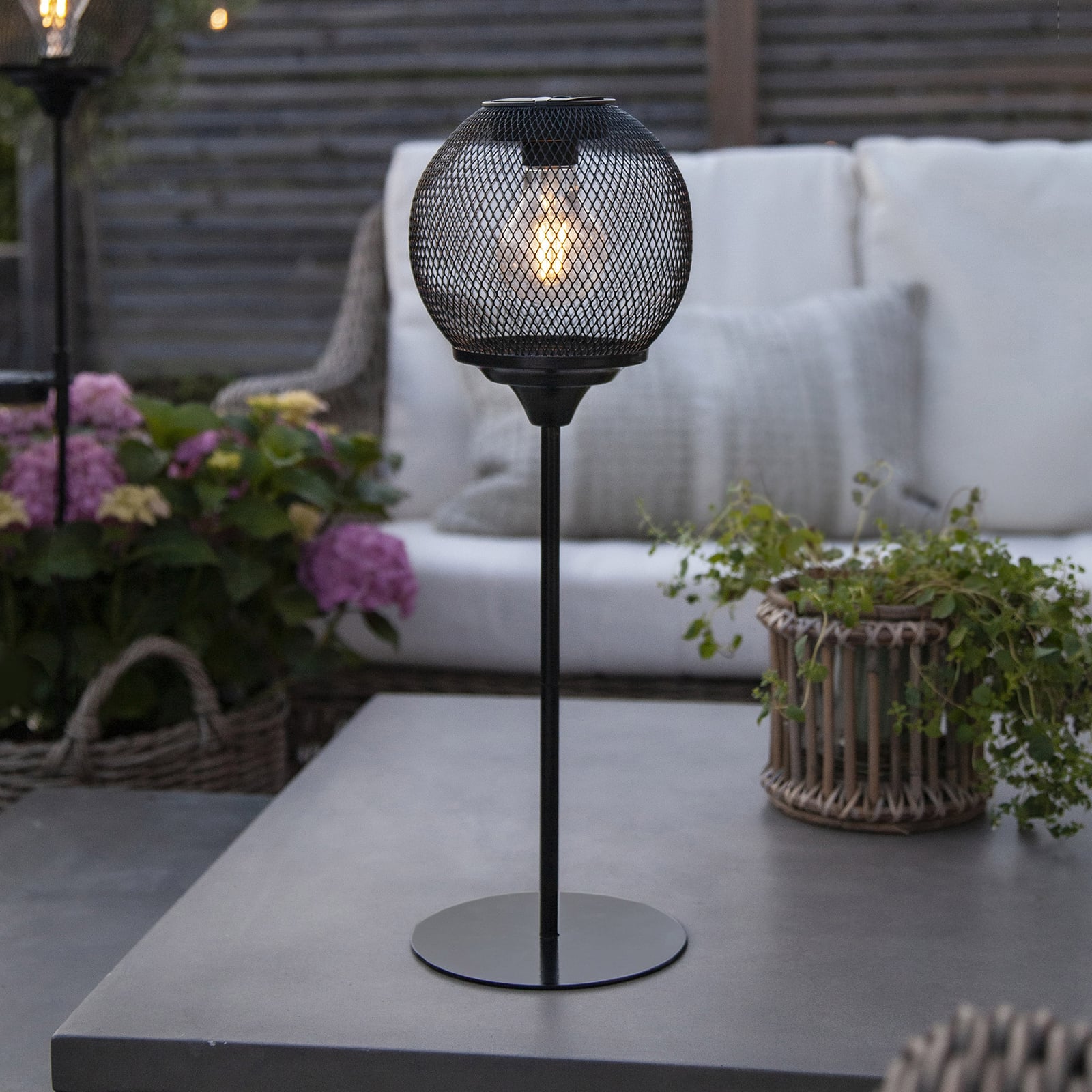 LED solcellebordlampe Sunlight med nettgeflekt svart IP44 forfra
