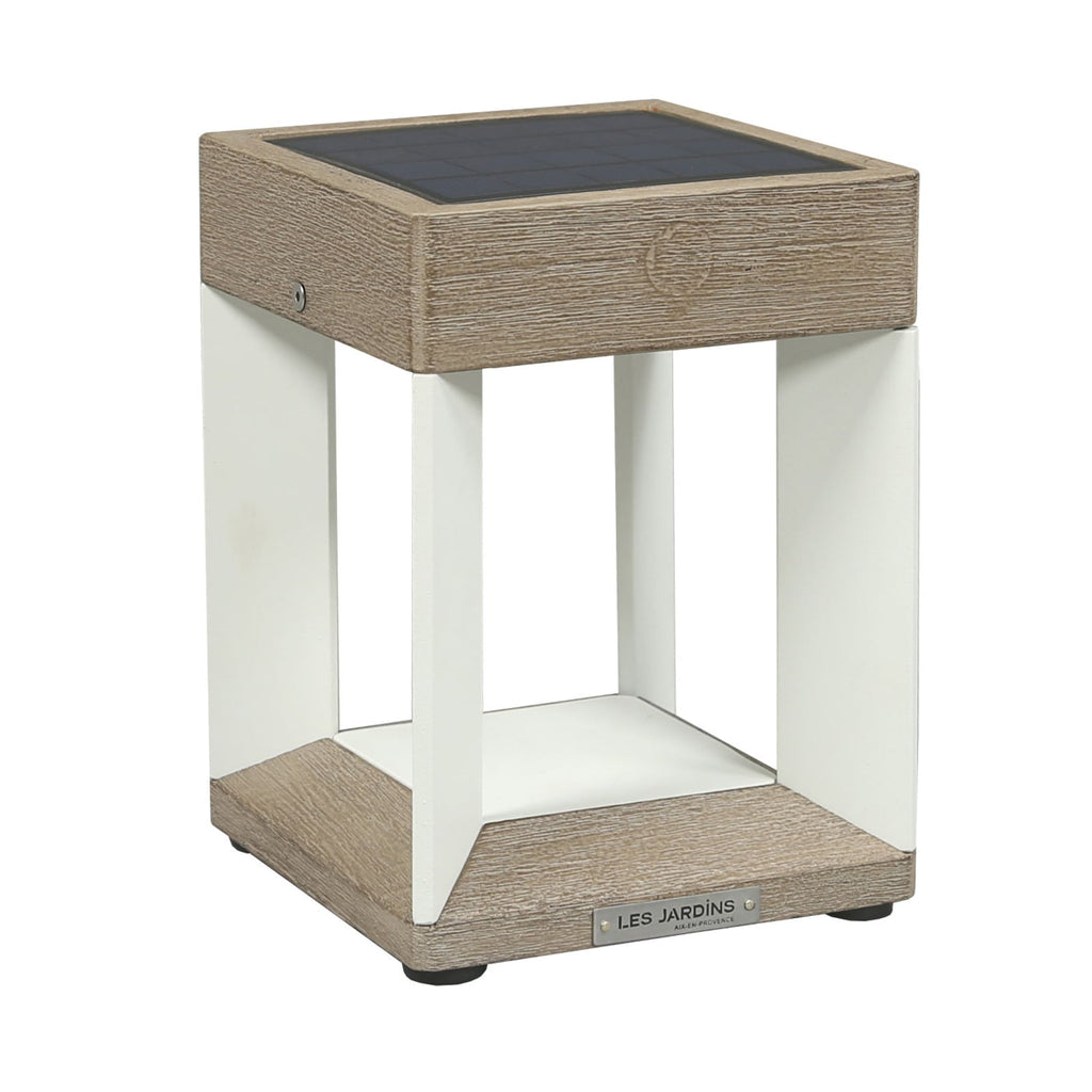 LED solcellebordlampe Teckalu dimbar teak/hvit IP55 forfra