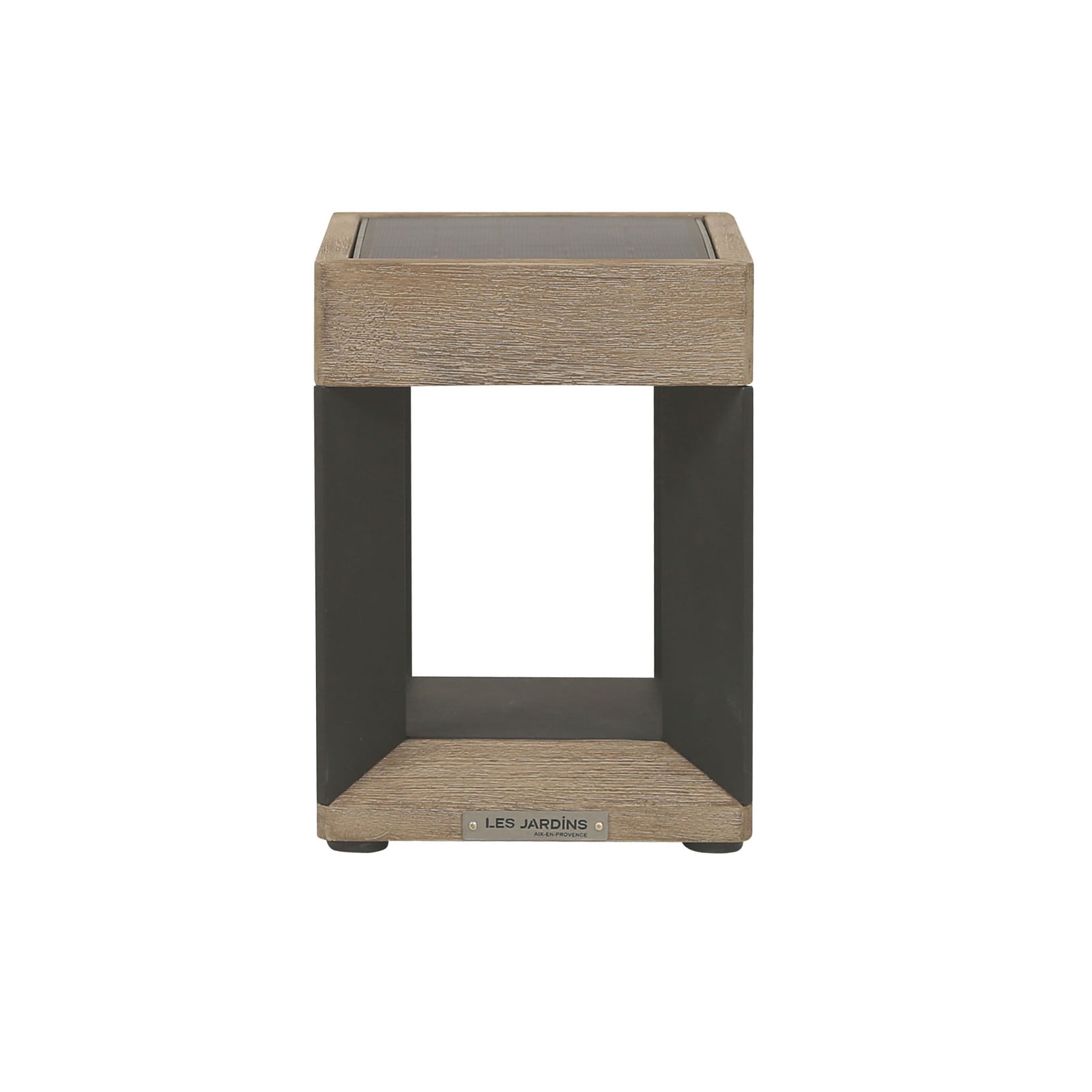 LED solcellebordlampe Teckalu dimbar teak/aluminium IP55 forfra