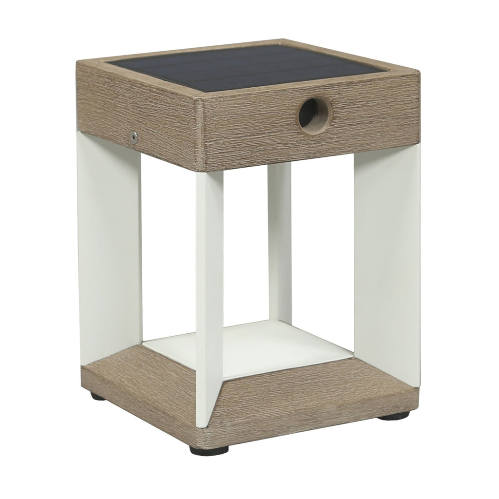 LED solcellebordlampe Teckalu dimbar teak/hvit IP55 bakside