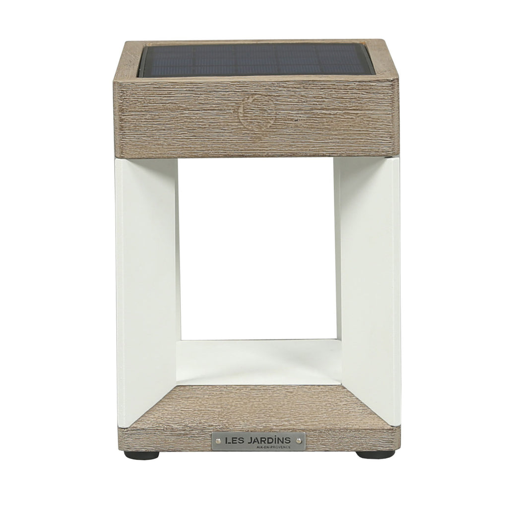 LED solcellebordlampe Teckalu dimbar teak/hvit IP55 detalj av materiale