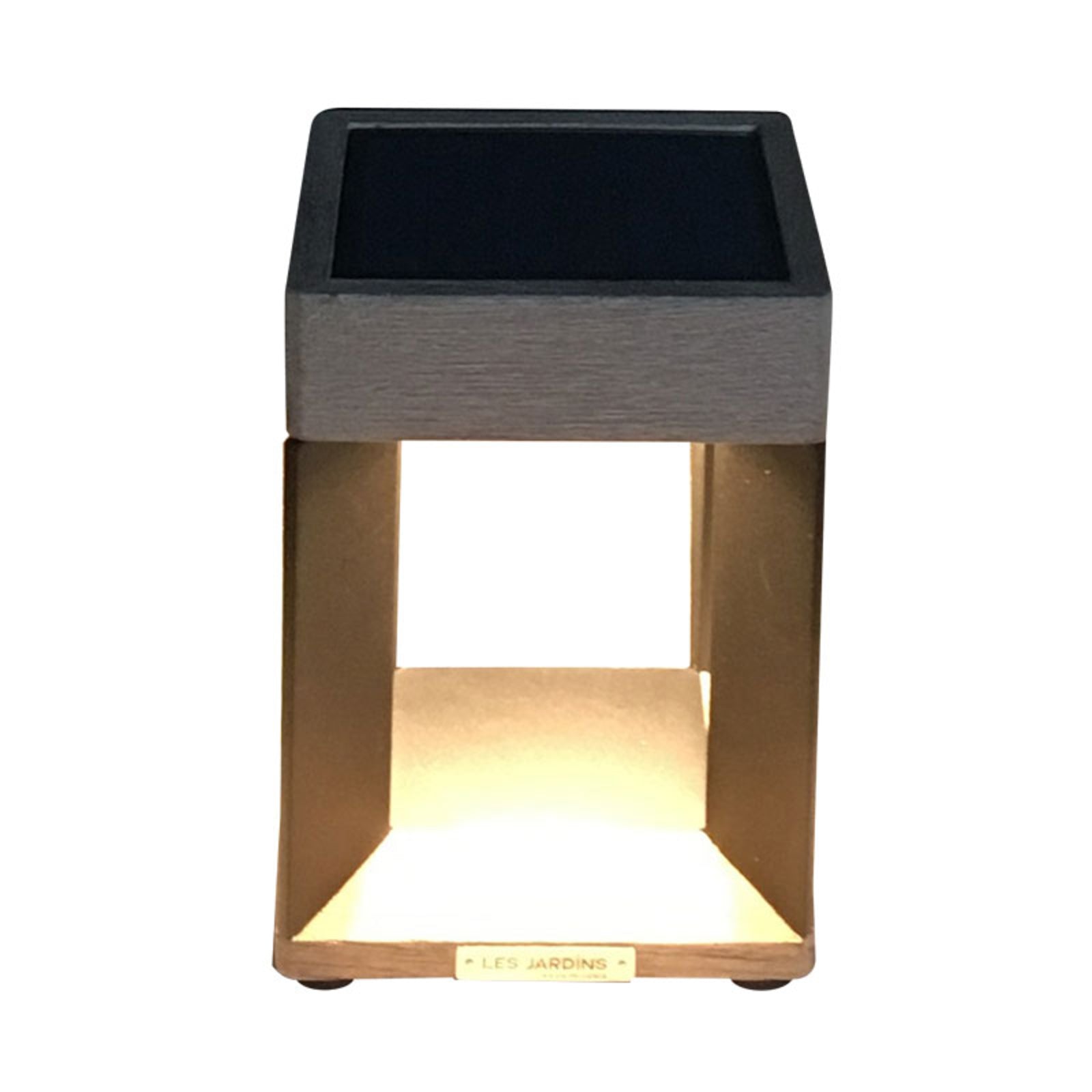 LED solcellebordlampe Teckalu dimbar teak/aluminium IP55 detalj nærbilde