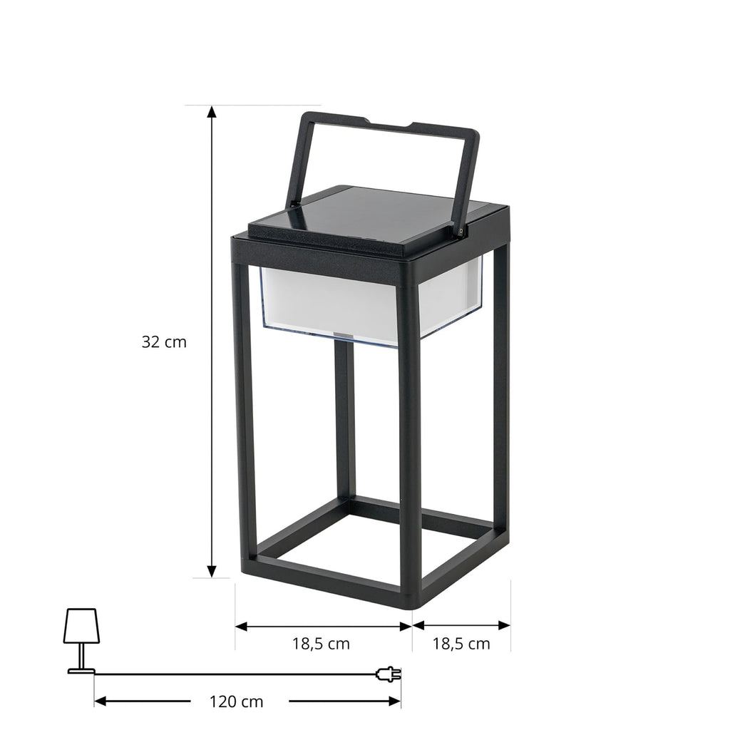 LED solcellebordlampe Tilena firkantet dimbar svart IP54 nærbilde av lyskilde