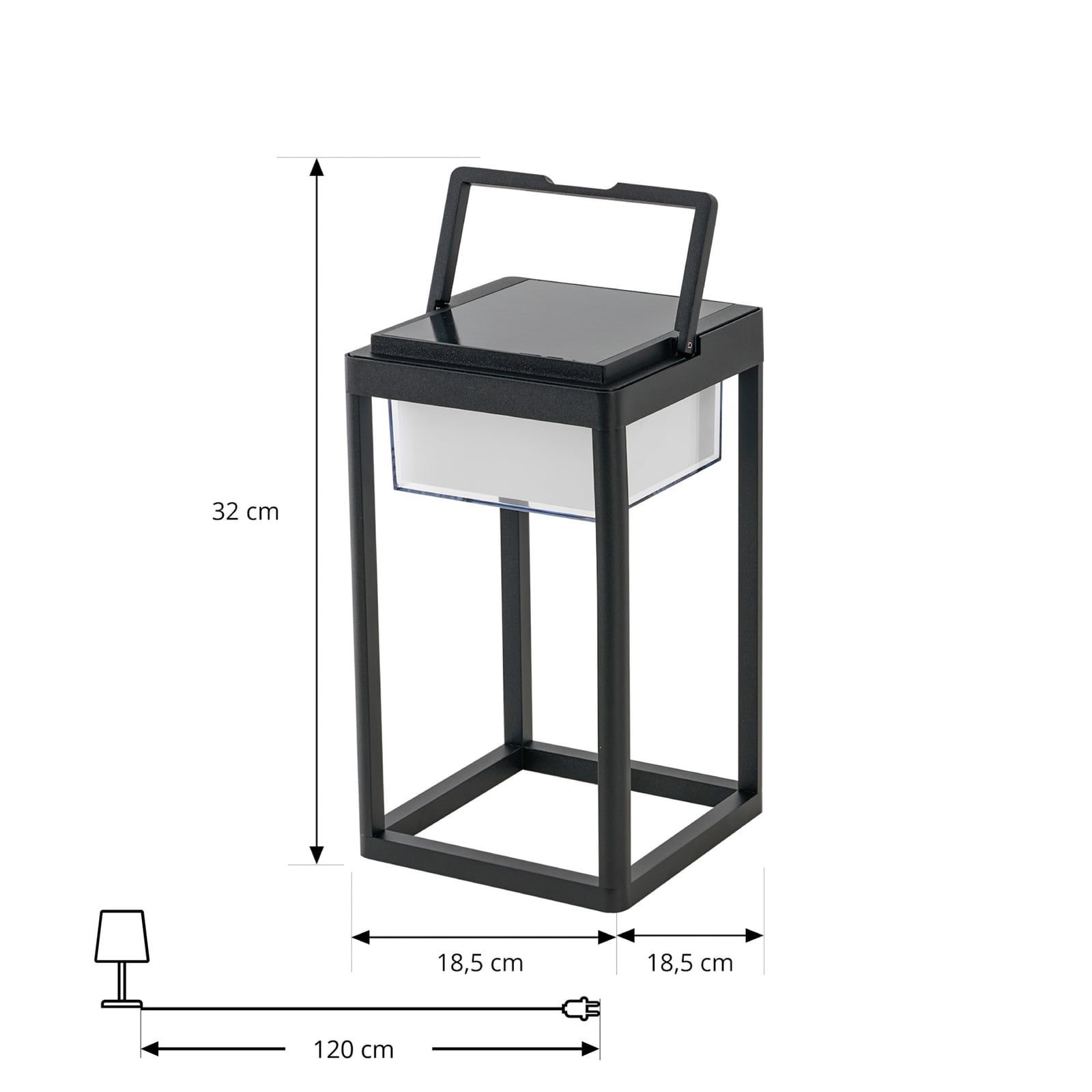 LED solcellebordlampe Tilena firkantet dimbar svart IP54 nærbilde av lyskilde